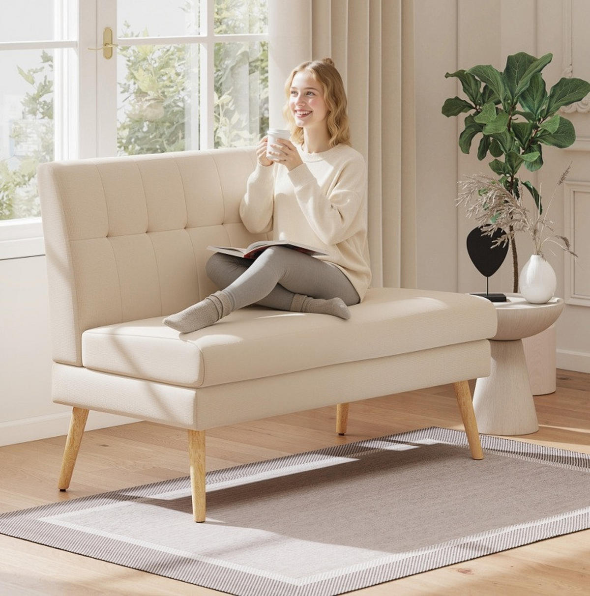 2-SITZER-SOFA aus Kautschukholz 118x68x90 cm in Beige mit getufteter Rückenlehne - Beige, Textil (68/90/118cm) - Modfu
