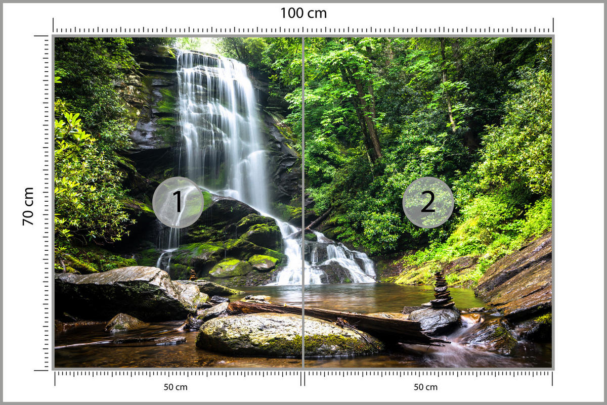 FOTOTAPETE Wasserfall im Dschungel Bäume Felsen 3D 100x70 - Braun/Weiß, Papier (100/70cm) - Muralo