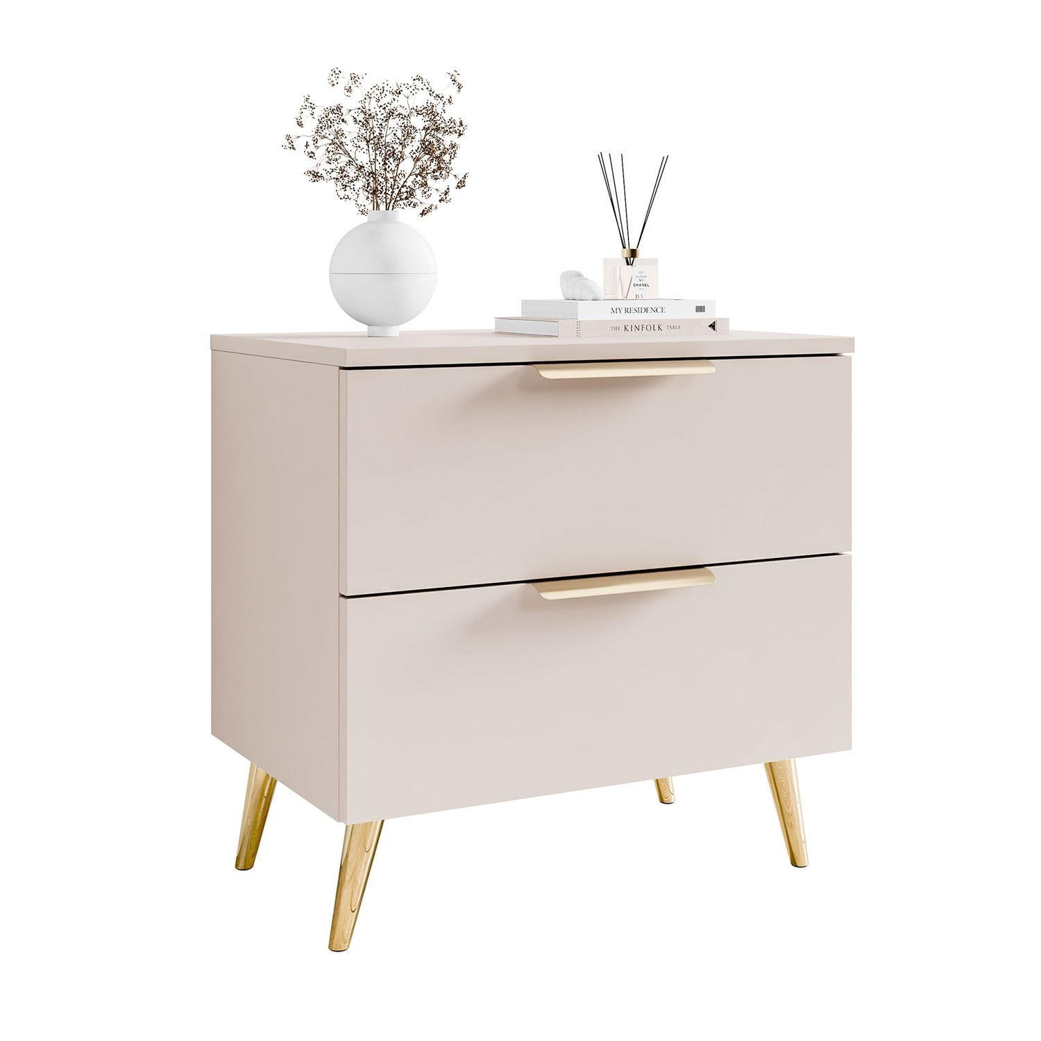 NACHTKOMMODE LINA KASCHMIR 2S auf schrägen Beinen LED goldene Beine und Griffe - Kaschmir, Holzwerkstoff (55/55/37cm) - Lookway