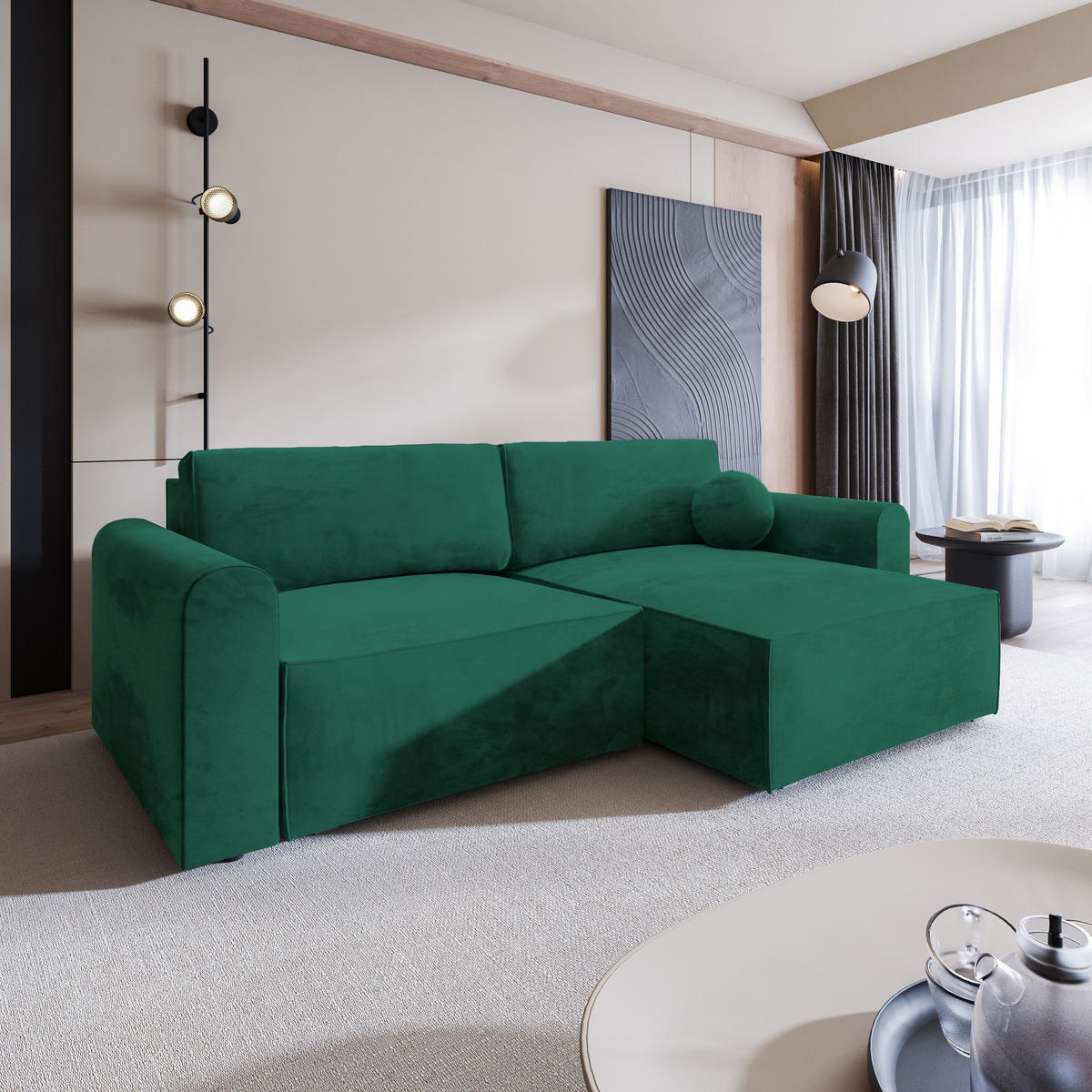 ECKSOFA FIANO M Grün Velours-Stoff mit Schlaffunktion - Grün, Holz (245/148cm) - MASSENO