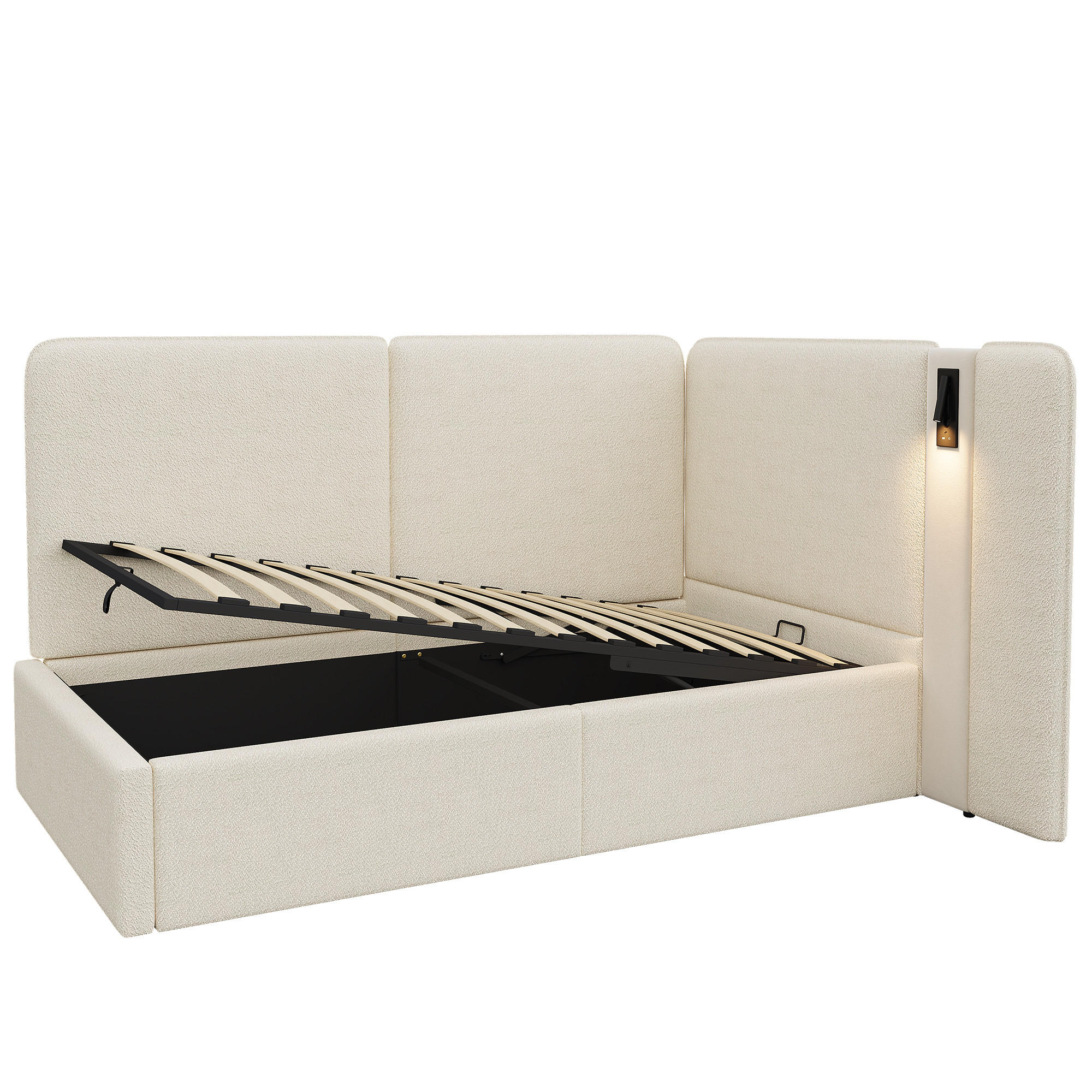 STAURRAUMBETT 90/200 cm DE-03071, mit Hydraulik, Leselampe und Bouclé-Bezug, in Beige - Beige, Metall (90/200cm) - ComfortXL