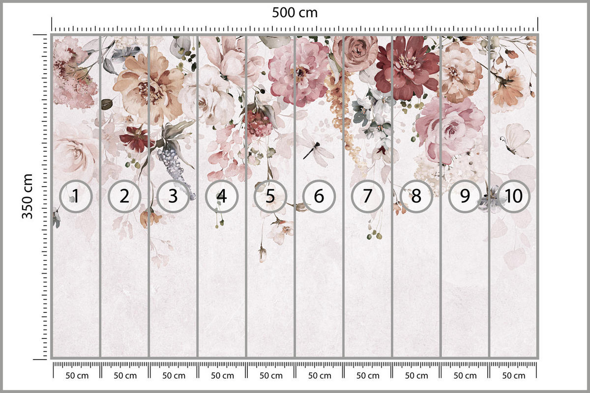 FOTOTAPETE für Schlafzimmer Aquarell Bunte Blumen Ranken Blätter 500x350 - Rot/Rosa, Papier (500/350cm) - Muralo