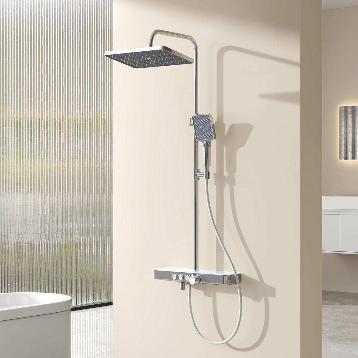 ÜBERKOPFBRAUSESET mit Drei Wasserauslassmethoden Thermostat mit Ablage Chrom - Chromfarben, Metall (44.5/127/45cm) - EMKE