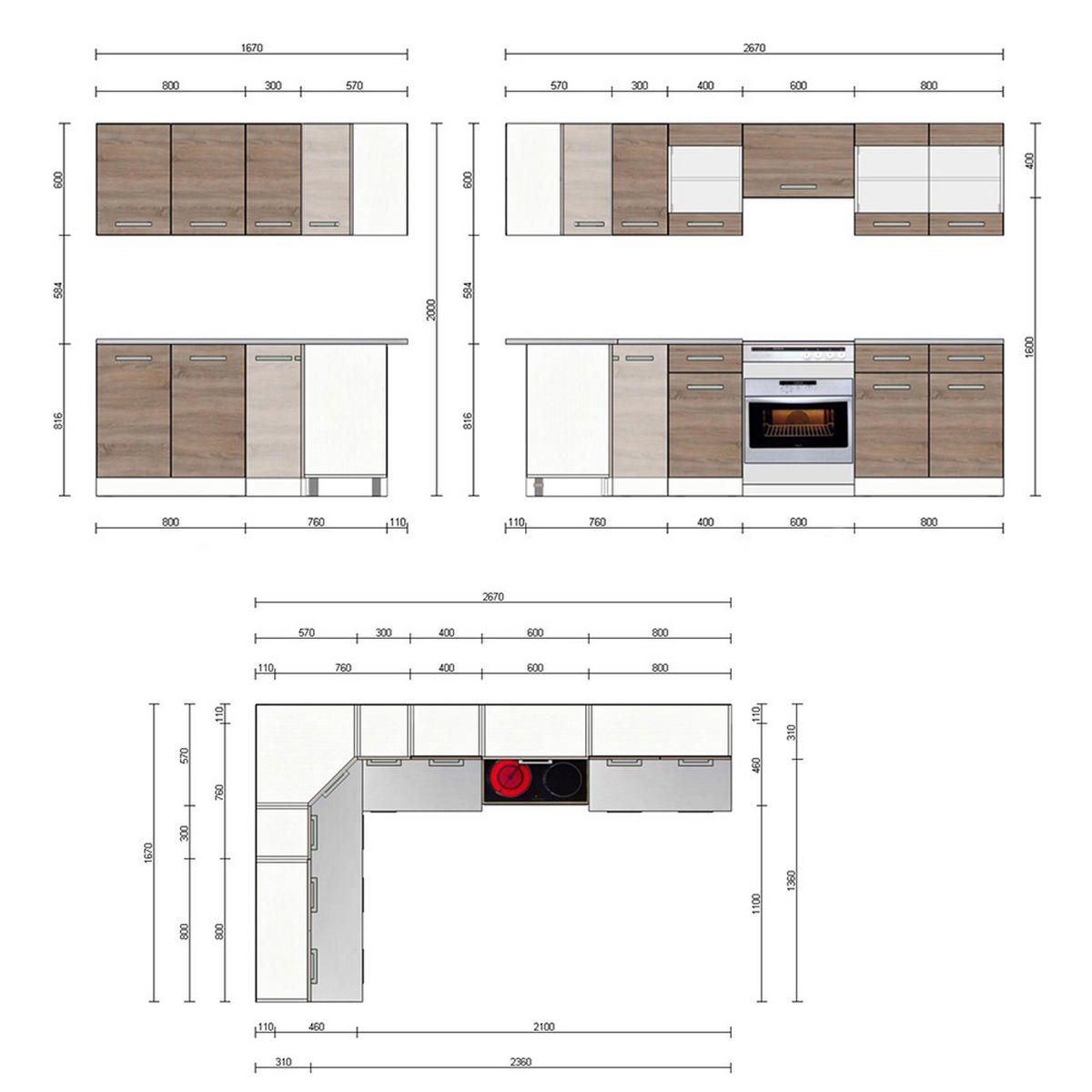ECKKÜCHE Rick Weiß/Sonoma 267 x 167 cm , AP Marmor mit LED-Leisten - Weiß/Sonoma Eiche, Holzwerkstoff (270/81.6/60cm) - Vicco