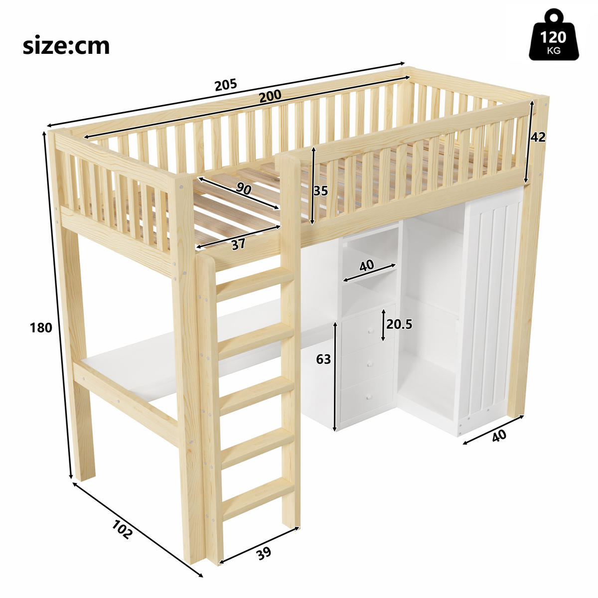 HOCHBETT 90x200cm Natur Holz Schreibtisch Kleiderschrank 3 Schubladen - Naturfarben, Holz (90/200cm) - FLIEKS