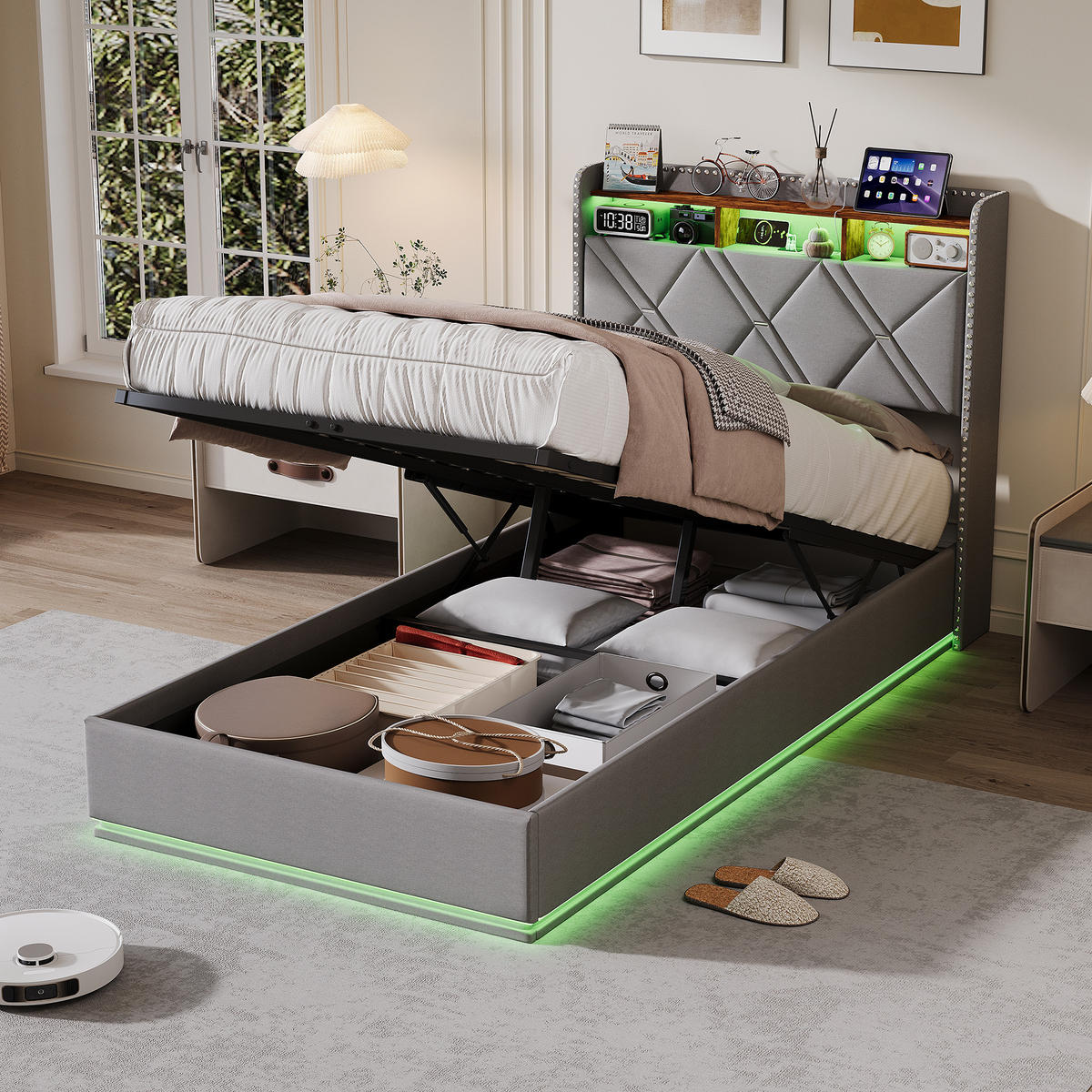 POLSTERBETT 90/200 cm Grau mit hydraulischem Stauraum, LED mit Ablage und USB - Grau, Metall (90/200cm) - EuroLiving