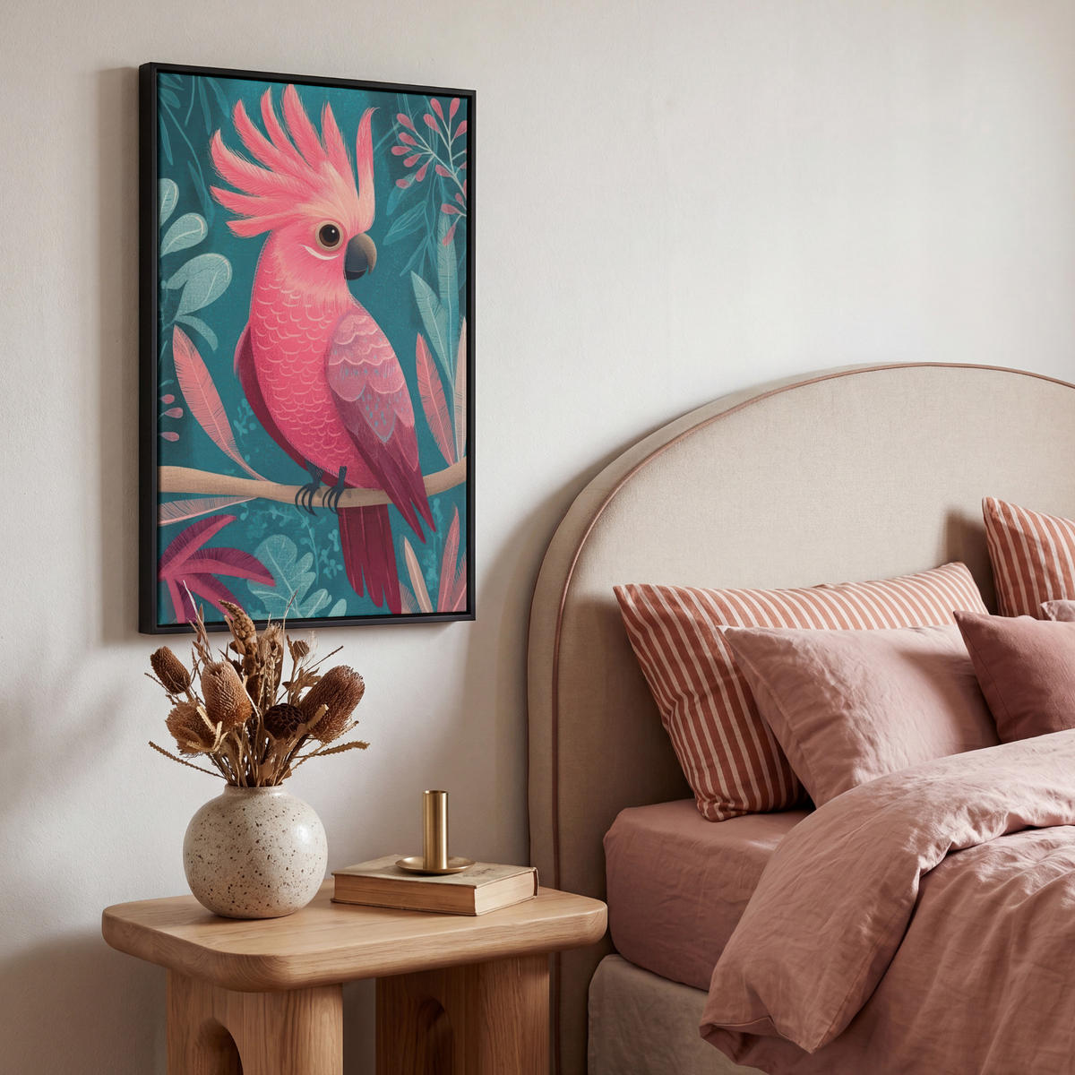 LEINWAND Bilder mit Rahmen - Kakadu - Tropische Blätter - Zweig - 40x60 - Petrol, Textil (40/60cm) - MuchoWow