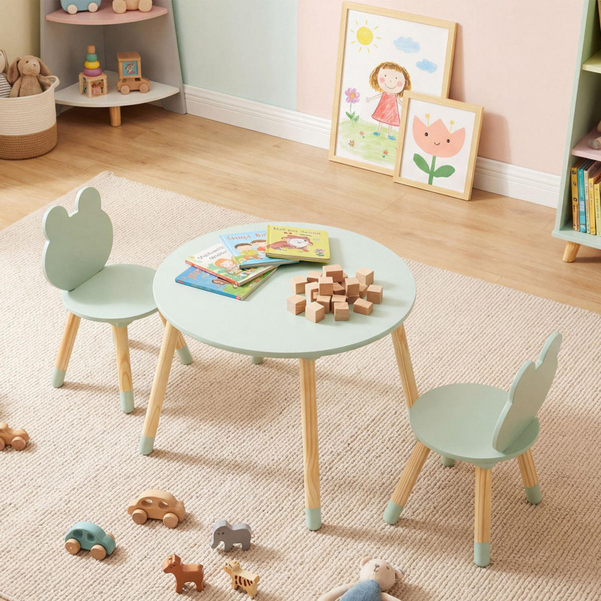 KINDERTISCH mit stuhl grün(3-tlg) - Grün, Holzwerkstoff (60/44/60cm) - COSTWAY