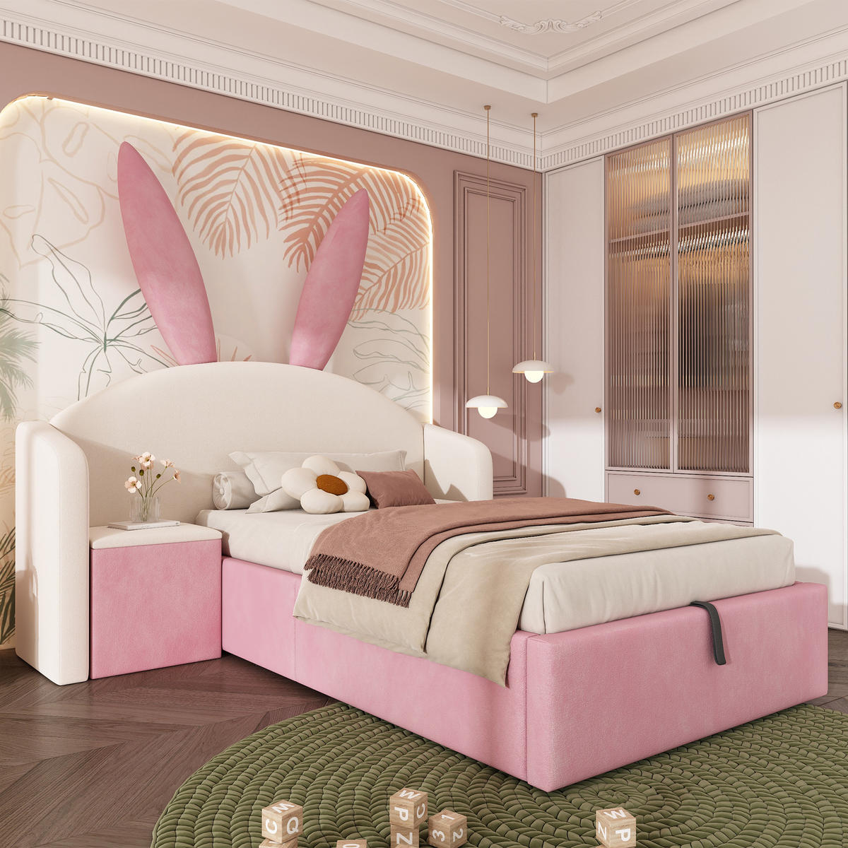 JUGENDBETT 90/200 cm in Beige & Rosa Samt mit Bettkasten und Nachttisch - Beige/Rosa, Holzwerkstoff/Textil (90/200cm) - WISHDOR