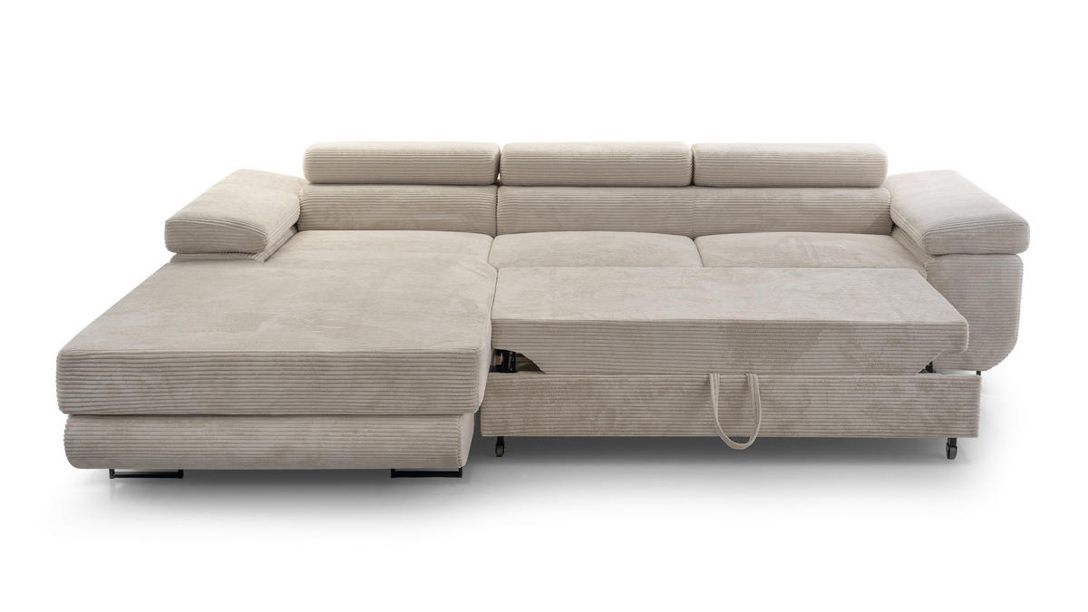 ECKSOFA GIULIO Beige Velours-Stoff mit Schlaffunktion - Beige, Holz (280/203cm) - MASSENO