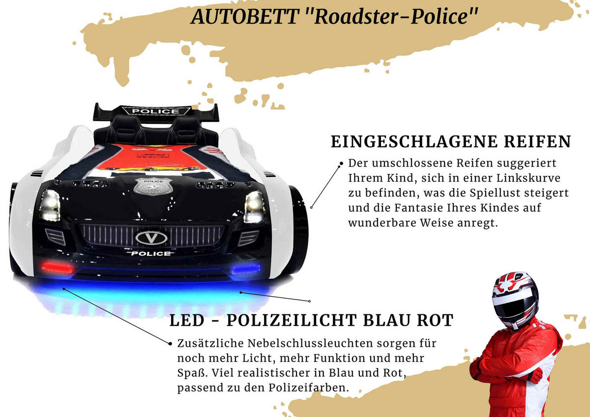 AUTOBETT Roadster Police Kinderbett LED Sound Sportsitze Lattenrost Spoiler - Schwarz/Weiß, Holzwerkstoff/Kunststoff (90/190cm) - Aileenstore