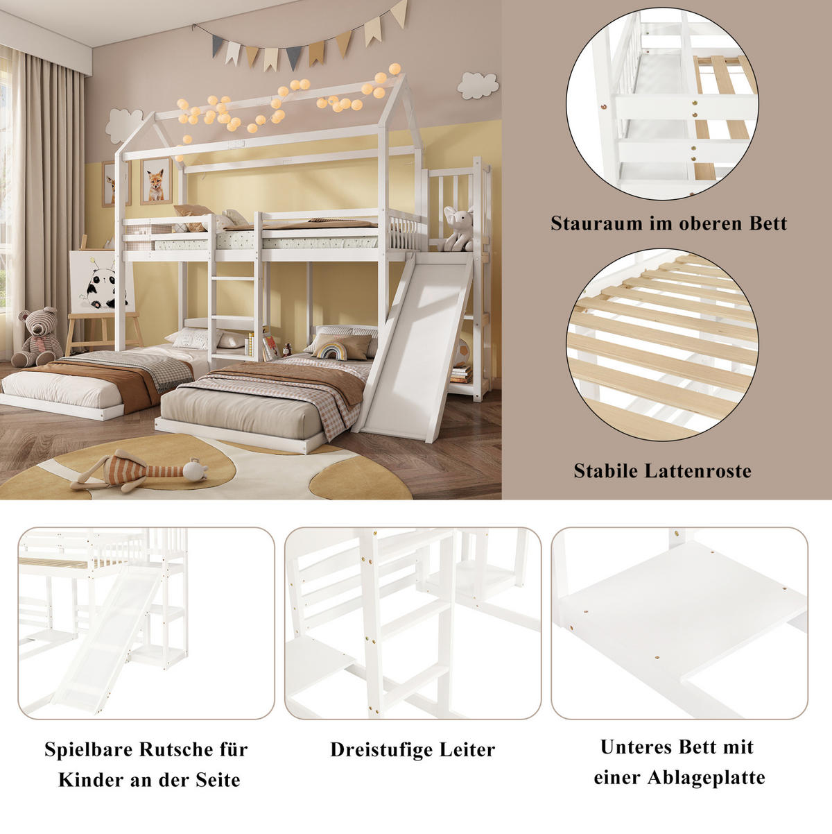 POSCHODOVÁ posteľ 90/200 cm biela s tromi lôžkami, šmykľavkou a úložným priestorom z borovice a MDF - biela, drevo (90/200cm) - OKWISH