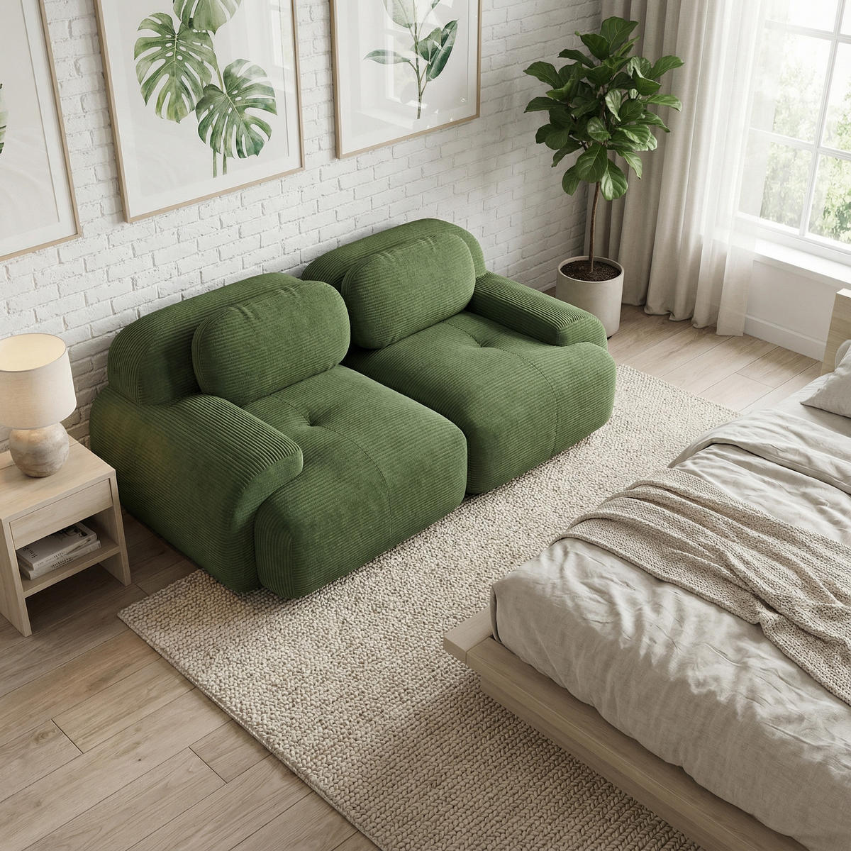 2-SITZER-SOFA in Premium-Cord Montagefrei - Grün, Textil (208/75/103cm) - Urban Meuble