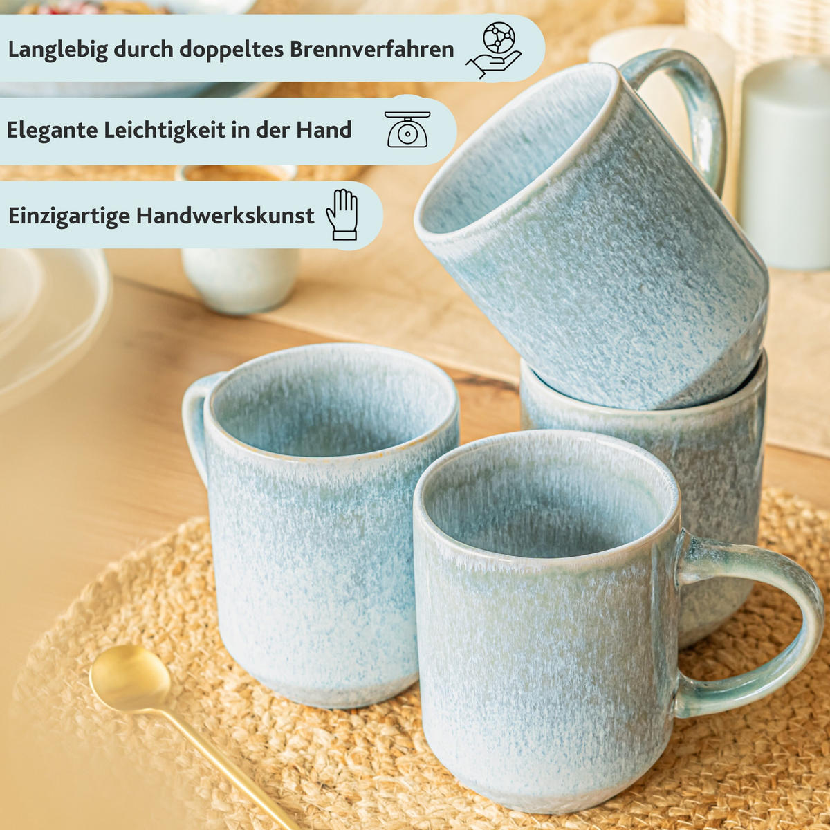 KAFFEEBECHER SET LIMA - 4 teilig aus Steingut - Hellblau, Keramik (24/15/23cm) - Sänger