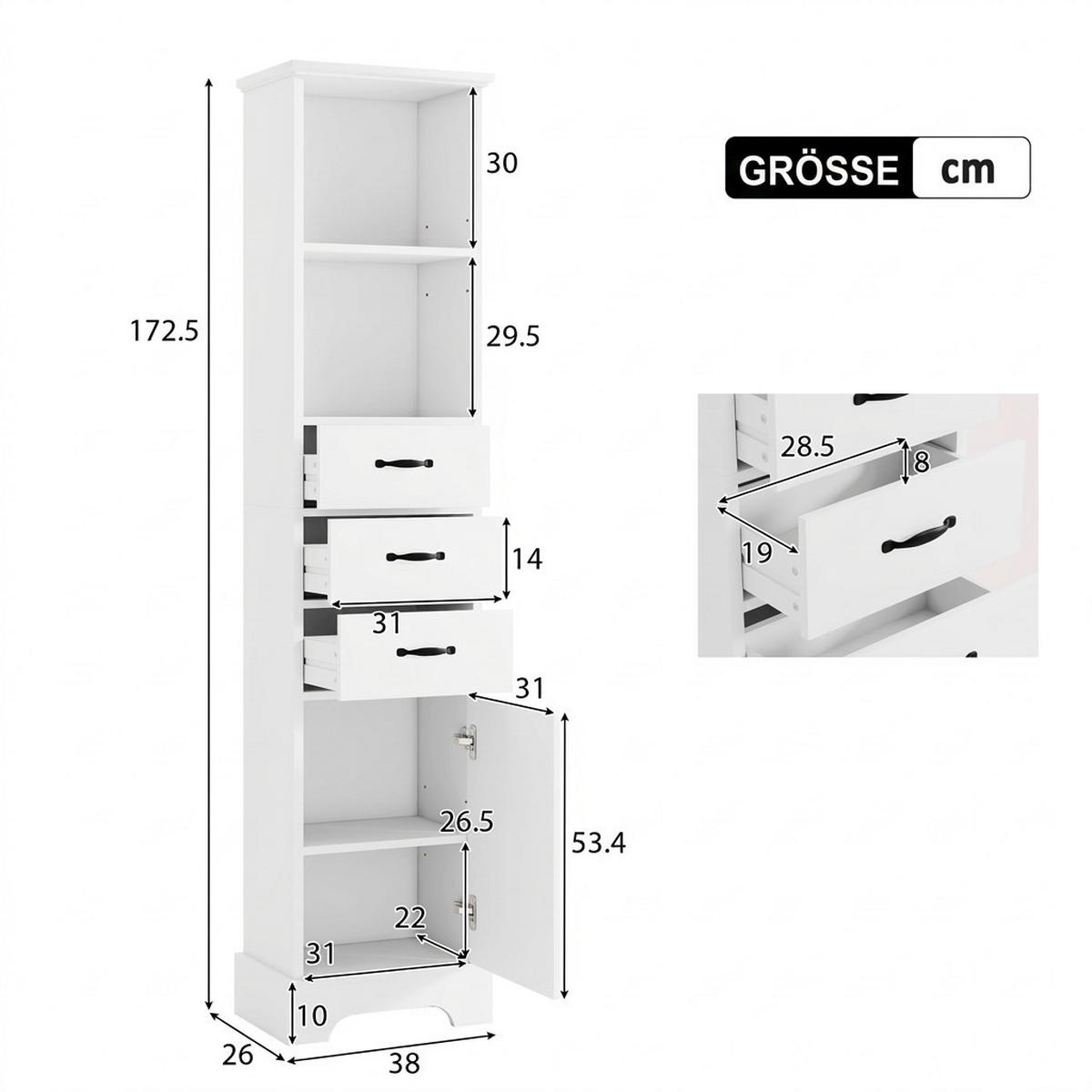 HOCHSCHRANK 38/26/172.5 cm Weiß mit 3 Schubladen und doppelte offene Regalböden - Schwarz/Weiß, Holz/Holzwerkstoff (26/172.5/38cm) - Oxeza