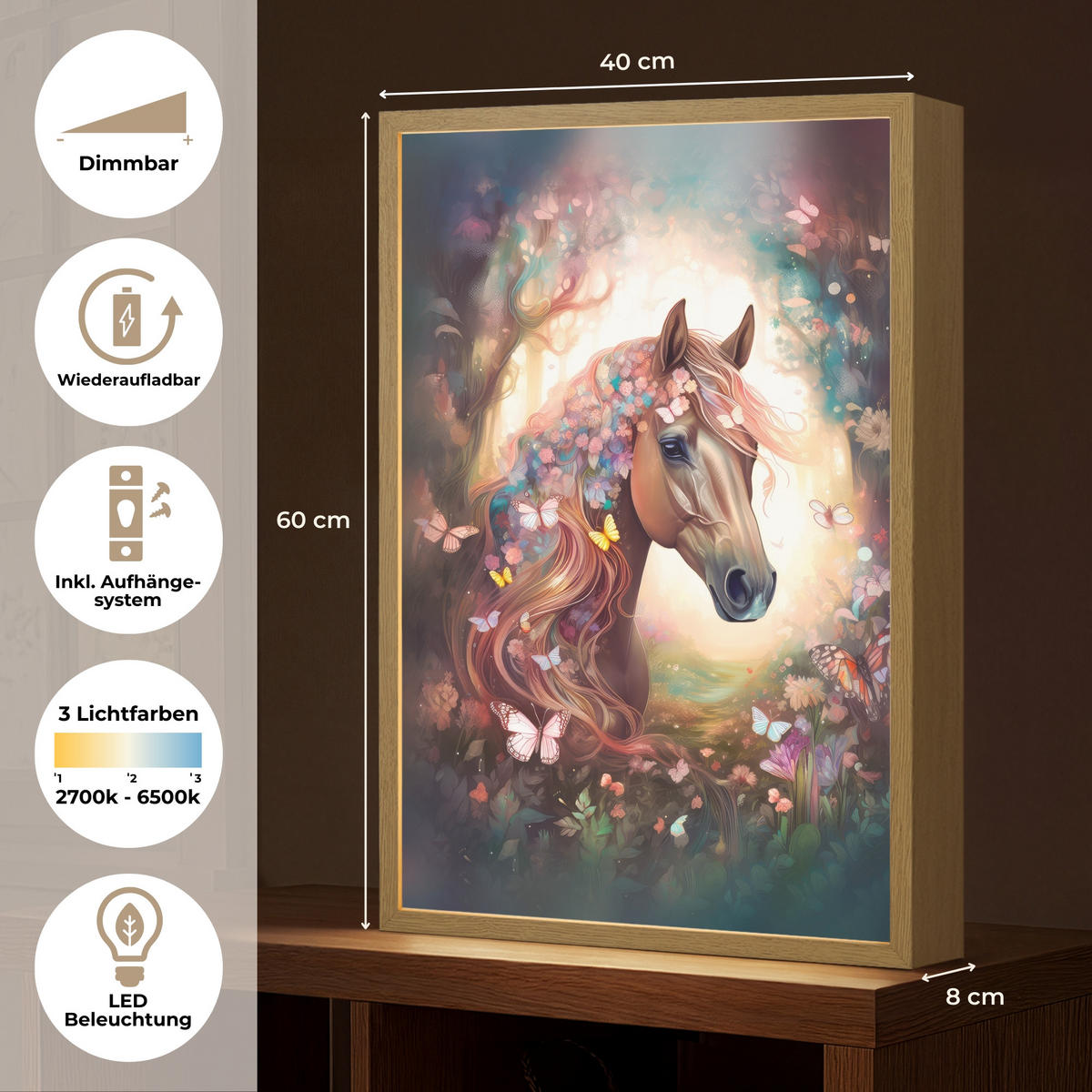 NÁSTĚNNÁ LAMPA S AKUMULÁTOREM Kůň - Příroda - Květiny - Motýli - Les 40x60 cm - tmavě hnědá, kompozitní dřevo (40/60/8cm) - OnlyWow