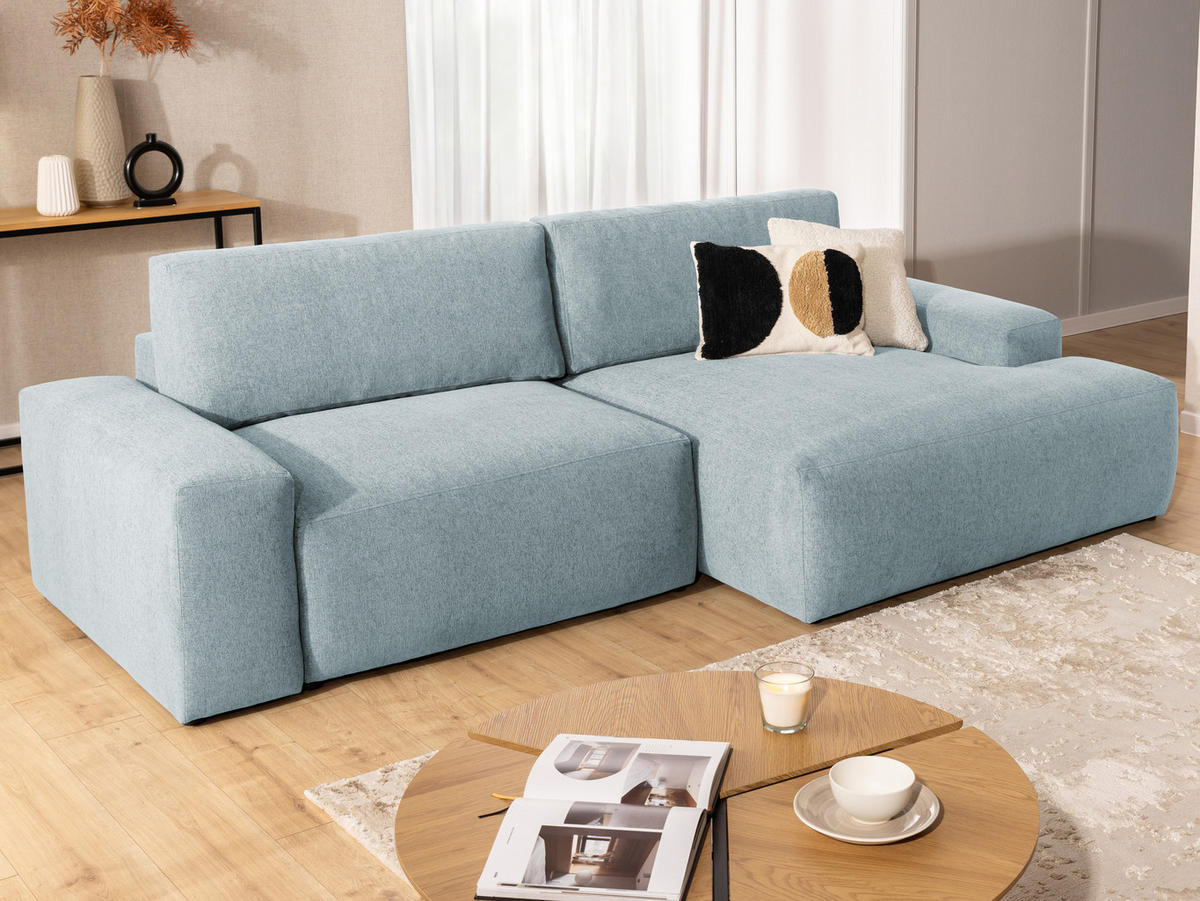 ECKSOFA inkl. Hocker Lennon aus Hellblau Strukturstoff mit Schlaffunktion und Bettkasten - Schwarz/Hellblau, Holz/Kunststoff (264/137cm) - S-Style