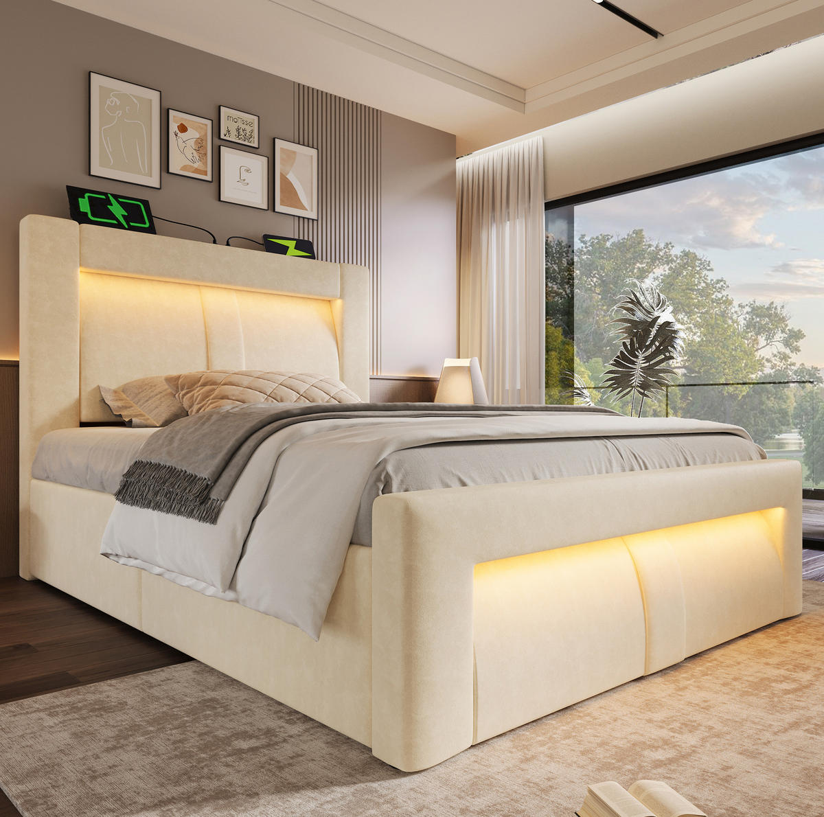 BETT mit Stauraum und Matratze 90x200 cm Samt Beige, LED und Ladeanschlüsse - Beige, Metall (90/200cm) - Beauniv