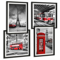 BILDER SET 4er Set - 50x50 cm & 40x60 cm Schwarzer Rahmen - Ikonische Städte London Paris Eisenbahn - Schwarz, Kunststoff (50/50cm) - TULUP