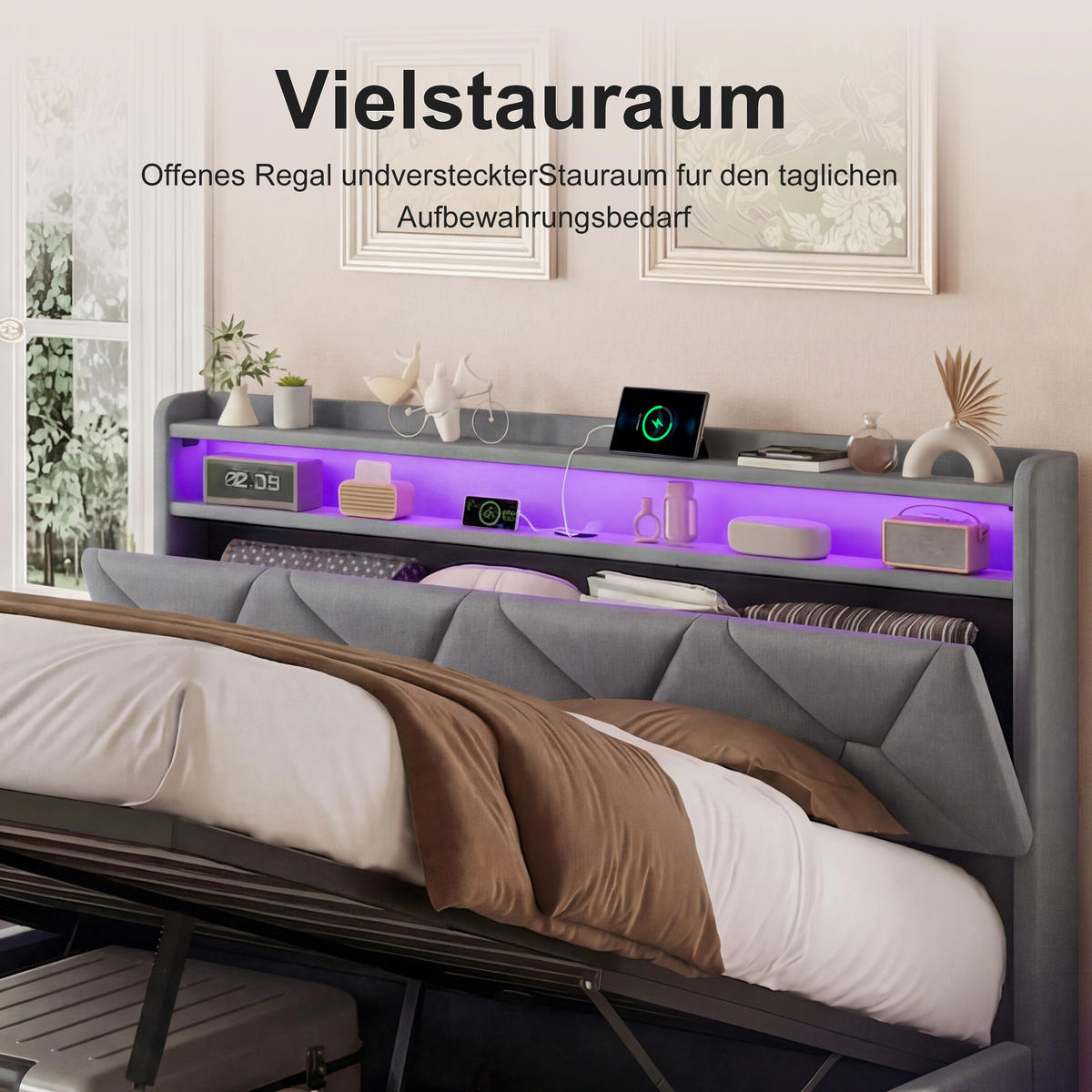 POLSTERBETT 160x200 cm mit hydraulischem Stauraum, Stauraumkopf, RGB-LED, USB-/Typ-C, Samtstoff in Grau - Grau, Holz (160/200cm) - BRILVERDE