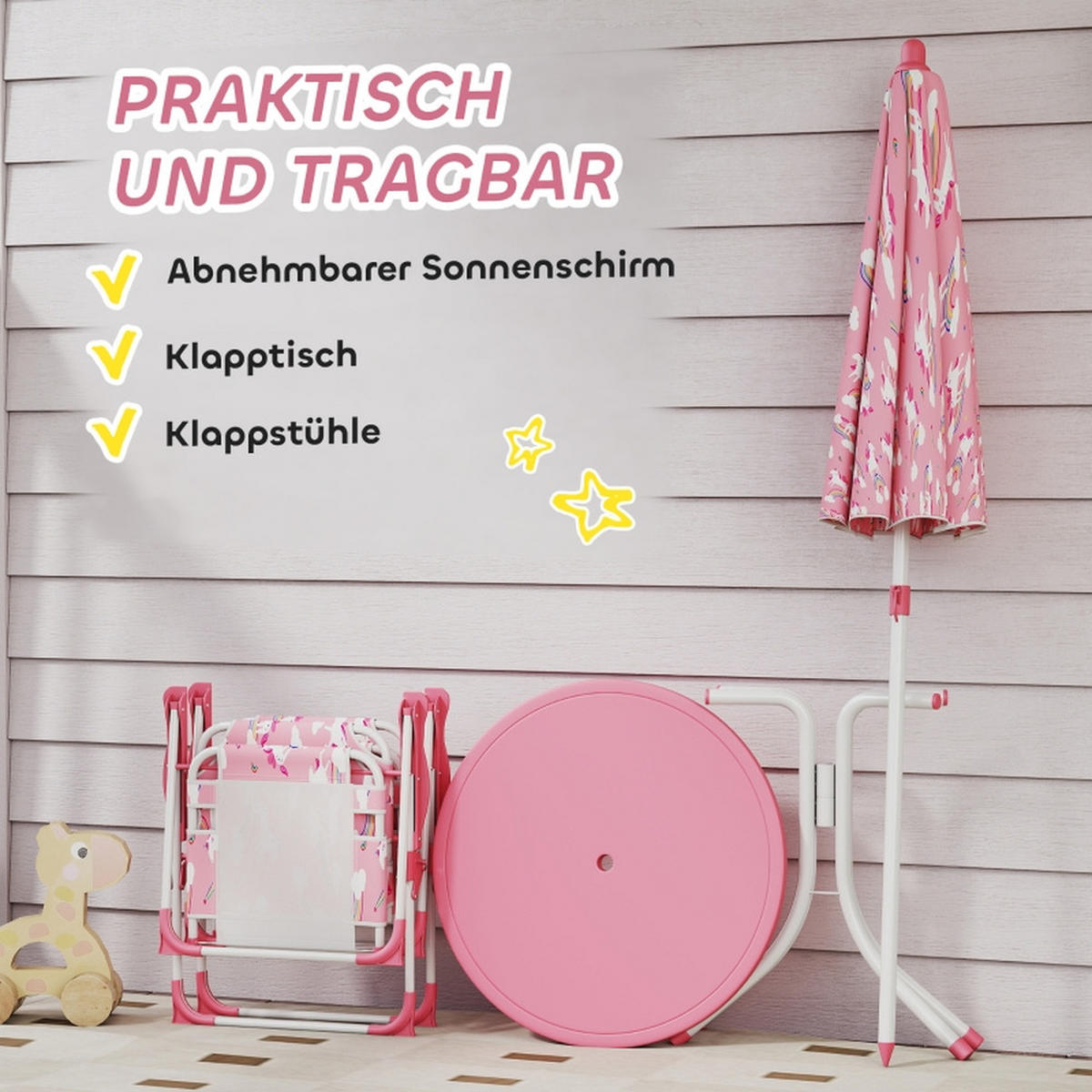 KINDER-GARTENMÖBEL 4-tlg Kindersitzgruppe Rosa mit Sonnenschirm Kindertisch und 2 Klappstühle - Rosa, Textil - Raelunyi