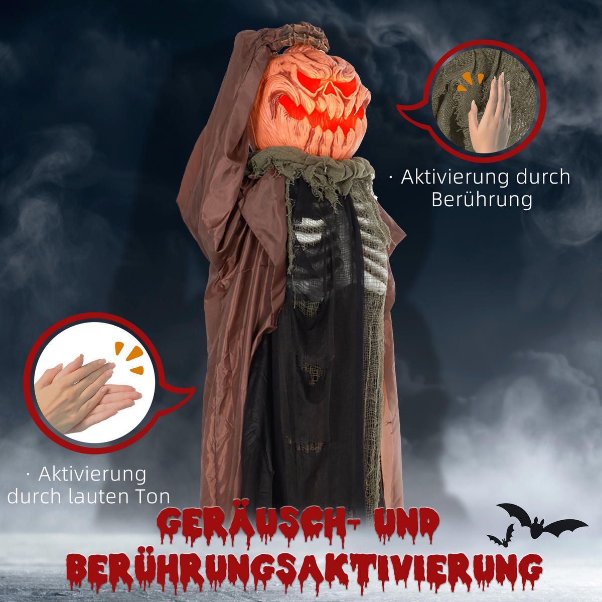 HALLOWEEN DECORATIONS 183cm Skelett-Kürbis mit LED-Lichter, Soundfunktion - Hellbraun, Kunststoff/Metall (65/183/20cm) - HOMCOM