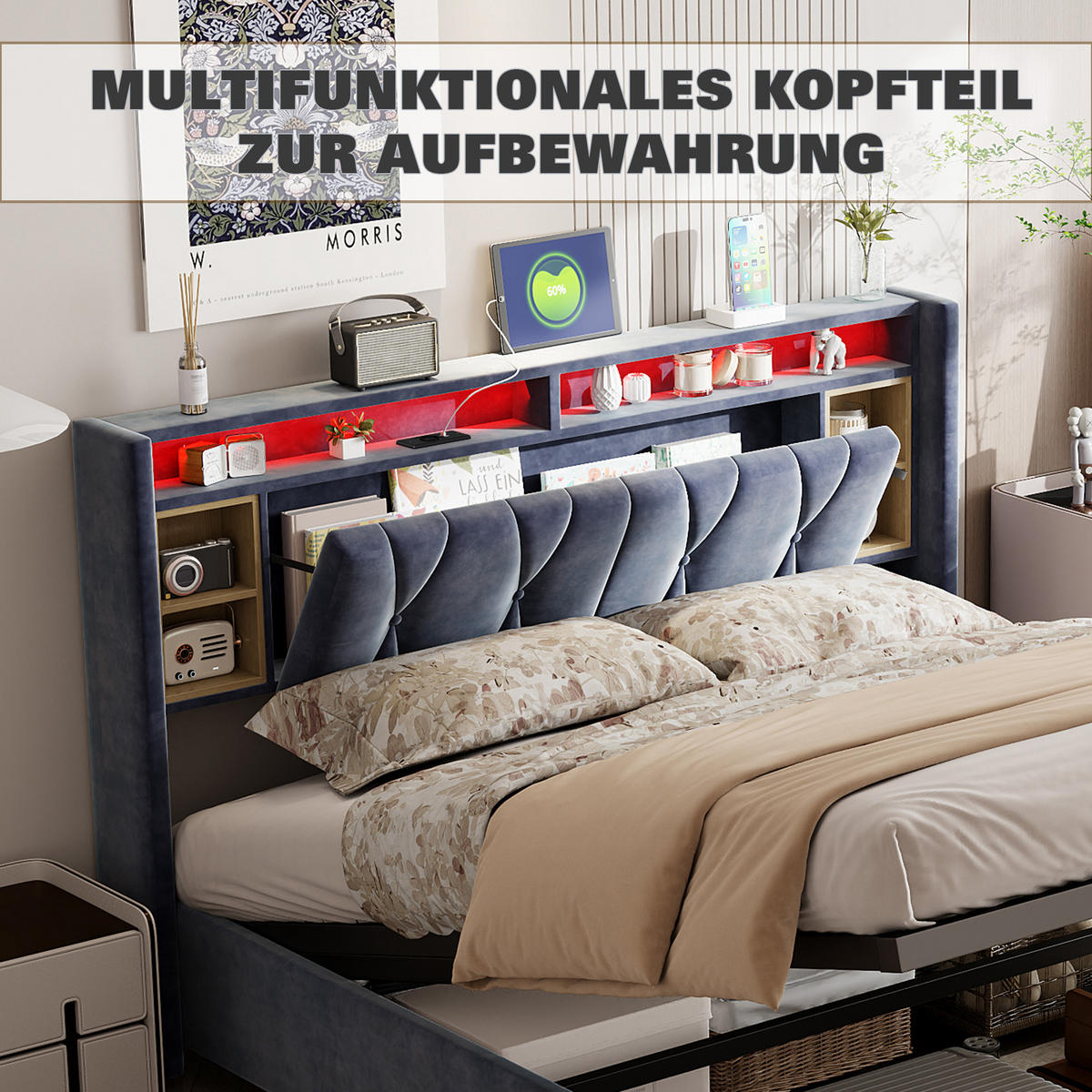 POLSTERBETT 140/200 cm mit Stauraum‑Kopfteil, LED‑Beleuchtung & USB‑Anschluss, Samtbett mit integrierter Ablage - Grau, Holz/Metall (140/200cm) - Joyfair