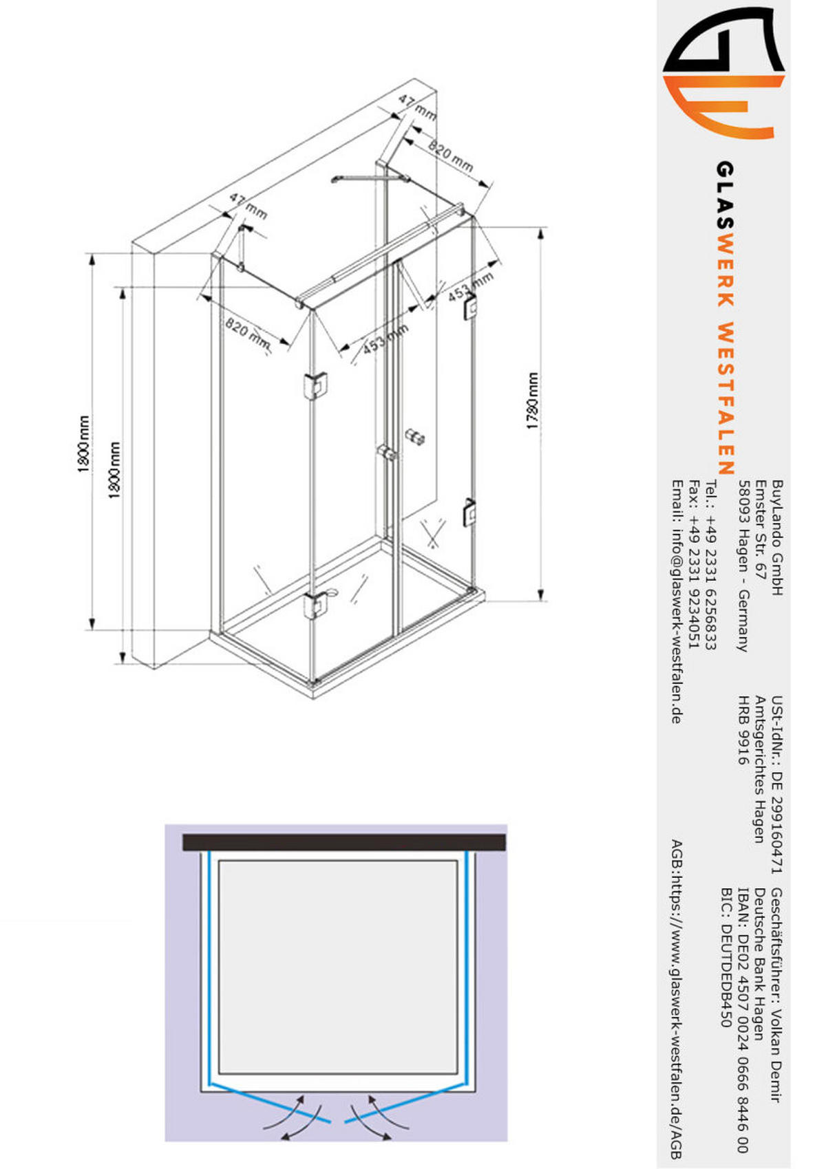 DUSCHKABINE Emma 90x100x90x180cm U-Form+DT- Schwarz - Schwarz, Glas (90/100/180cm) -  Glaswerk Westfalen