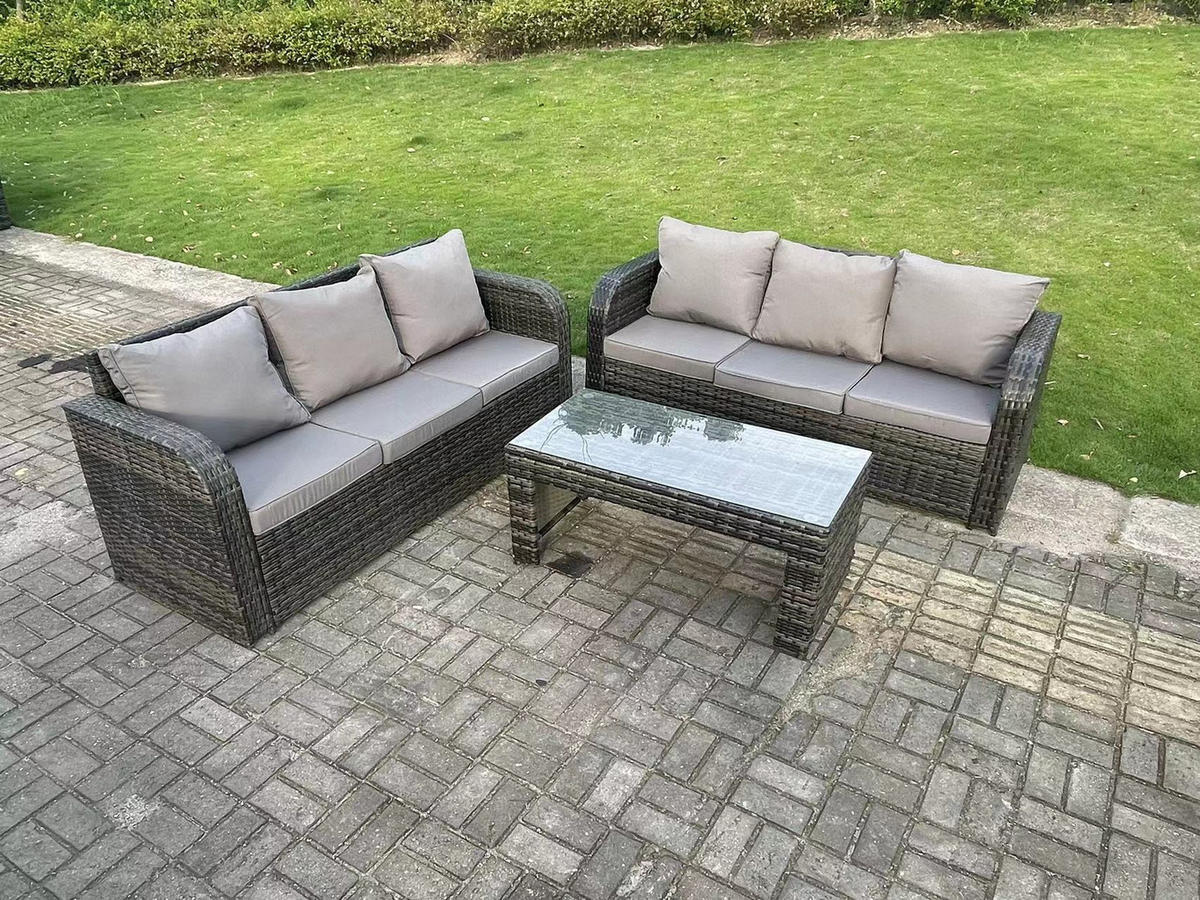 LOUNGESOFA Polyrattan 6-Sitzer - Dunkelgrau/Grau, Glas/Kunststoff - Fimous