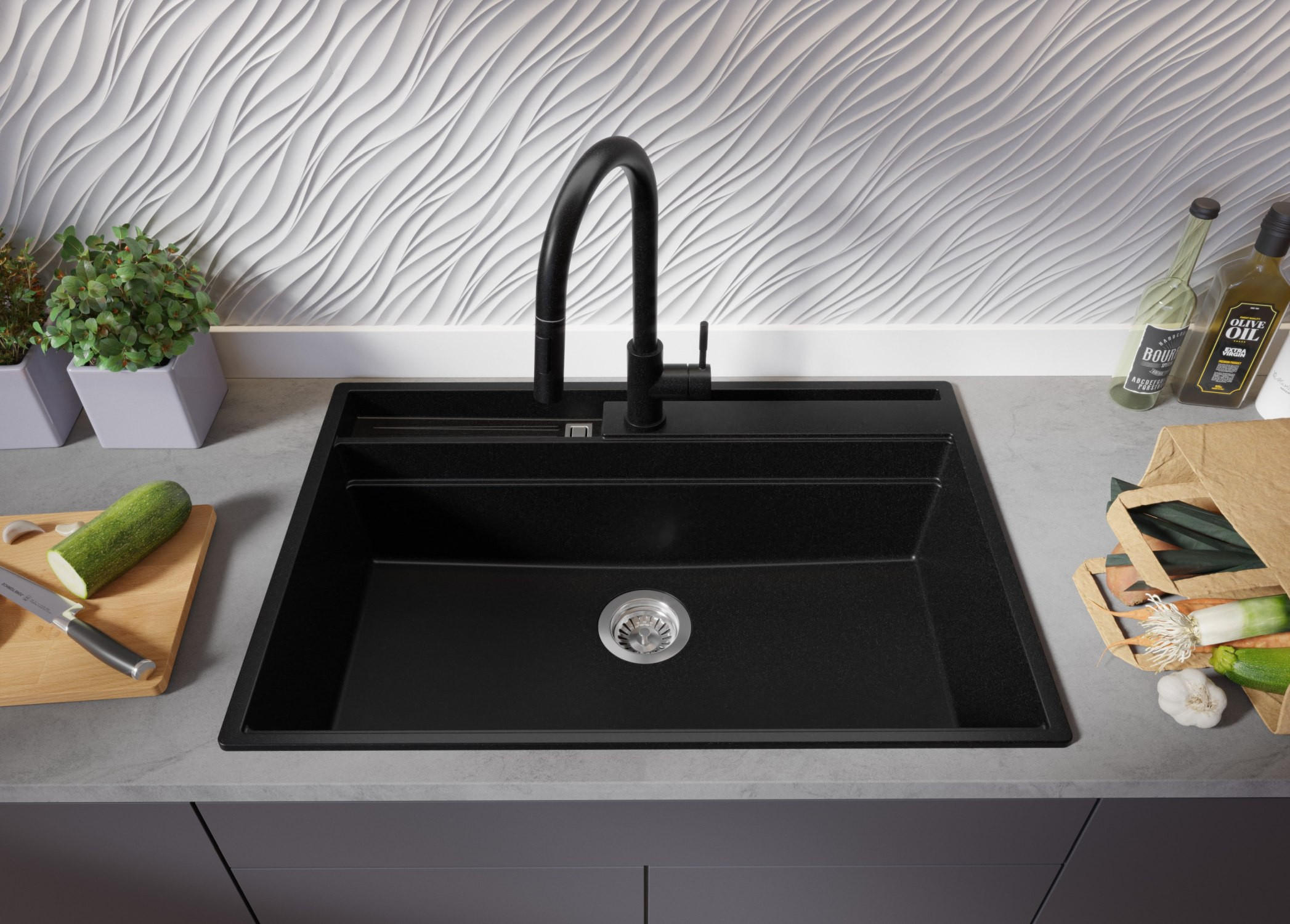 Thumbnail - Primagran Granitspüle, Schwarz, Chrom, Schwarz, Chrom, Beige, Kunststoff, Rechteckig, 78x20x53 cm, Küchen, Küchenausstat...