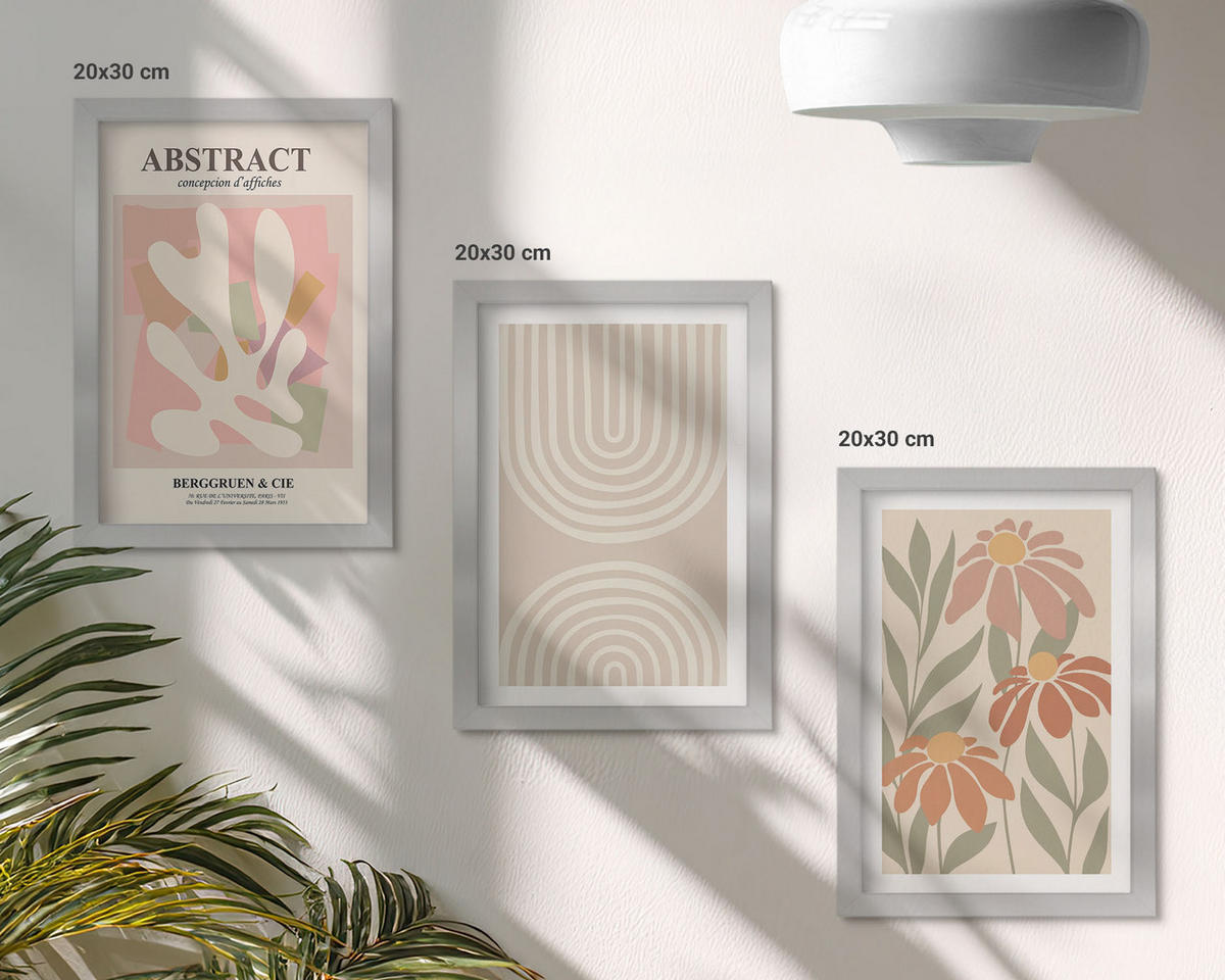 BILDER SET 3er Set - 20x30 cm Silberner Rahmen - Abstrakte Pflanzenformen - Silberfarben, Kunststoff (20/30cm) - TULUP