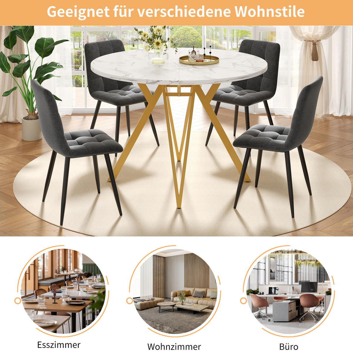 ESSTISCH, MDF mit Marmormuster & Metallgestell, 100/100/76 cm, Gold - Goldfarben, Holzwerkstoff (100/100/76cm) - Redom