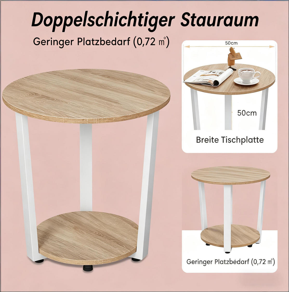 BEISTELLTISCH DE-37223 rund mit 2 Regalen Helle Eiche - Eichefarben, Metall (50/50/53cm) - ComfortXL