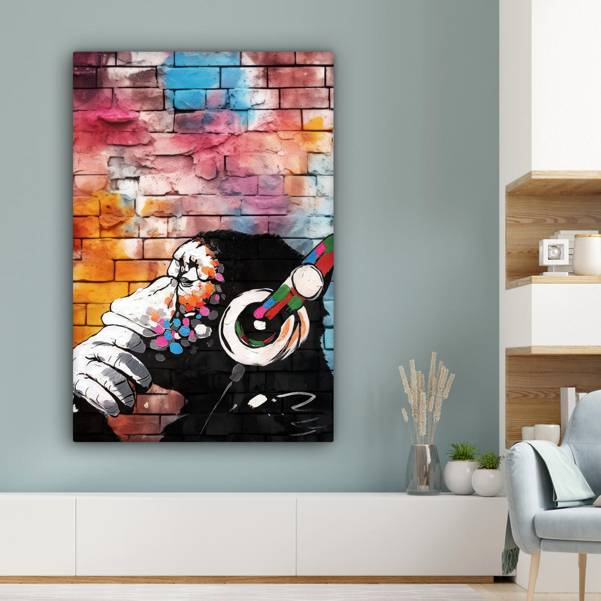 LEINWANDBILD Affe - Graffiti - Musik Deko XXL 80x120 cm - Multicolor, Textil (80/120cm) - MuchoWow