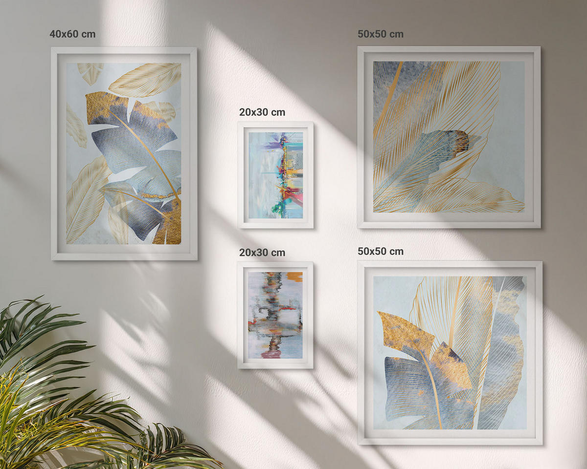 BILDER SET 5er Set - 50x50 cm & 20x30 cm & 40x60 cm Weißer Rahmen - abstrakte Muster in Blautönen - Weiß, Kunststoff (40/60cm) - TULUP
