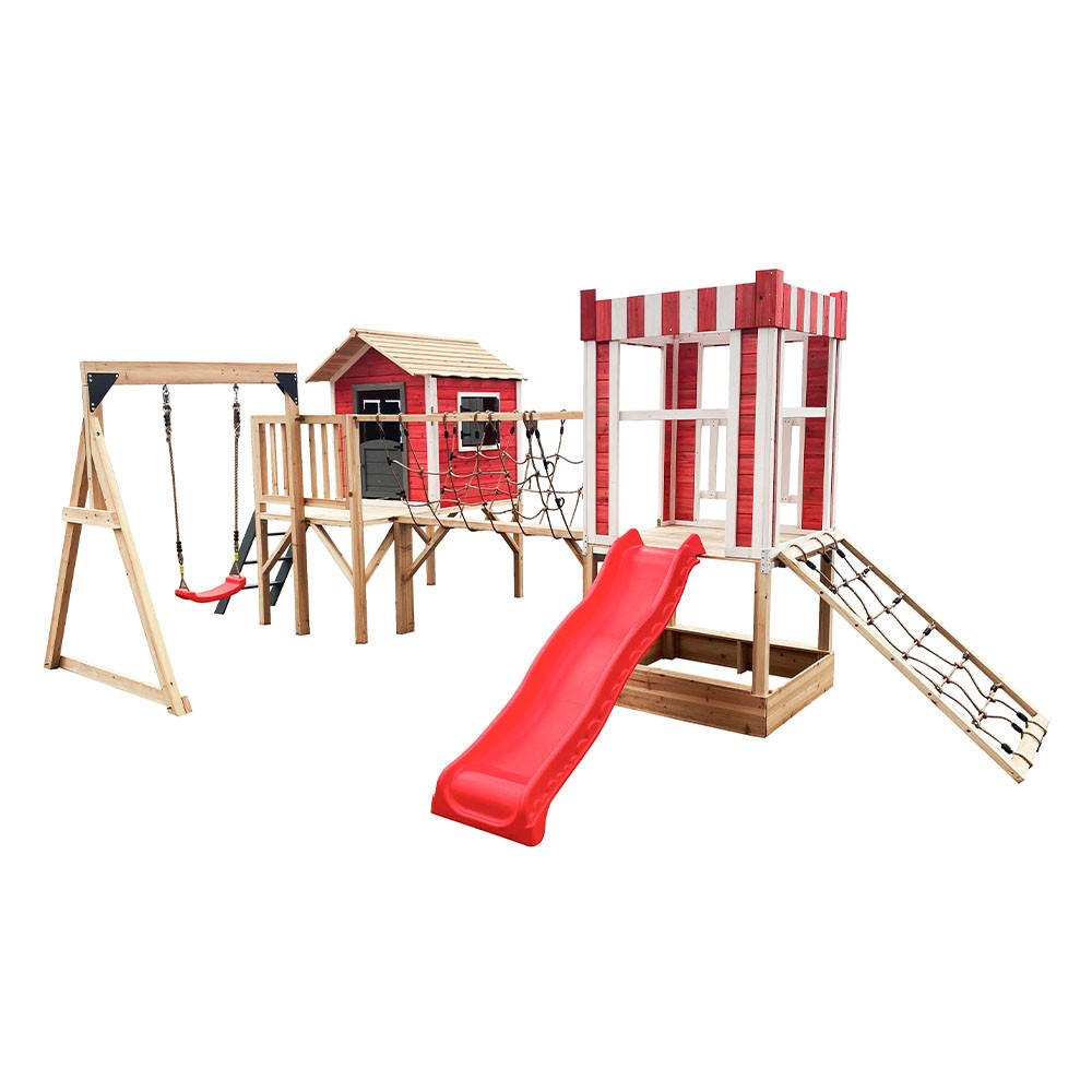 SPIELPARK WUNDERLAND - Rot, inkl. Schaukel und Rutsche - Rot, Holz (555/215/340cm) - Home Deluxe