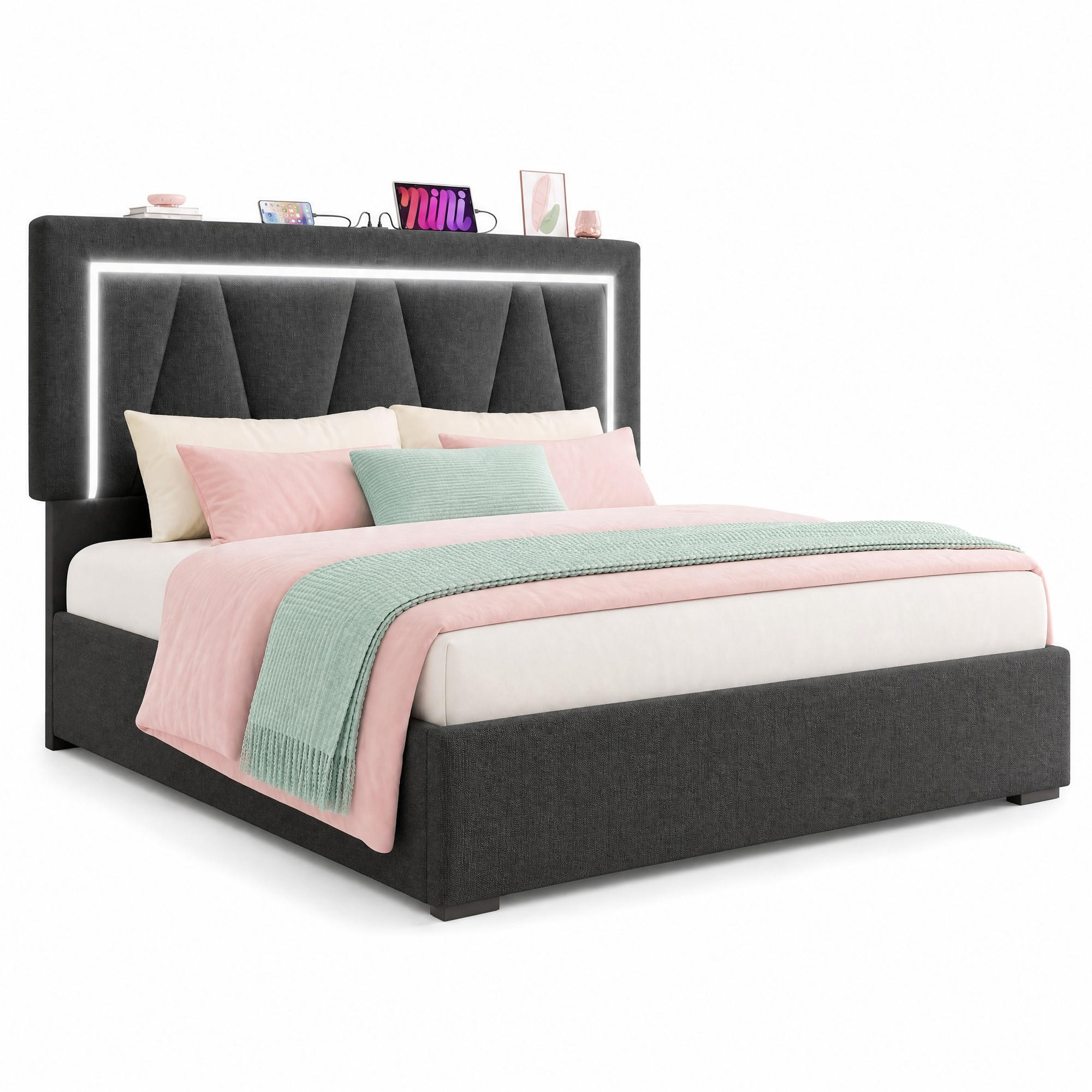 POLSTERBETT mit Stauraum USB und LED 140x200 cm Leinen Grau - Grau, Metall (140/200cm) - Meubliv