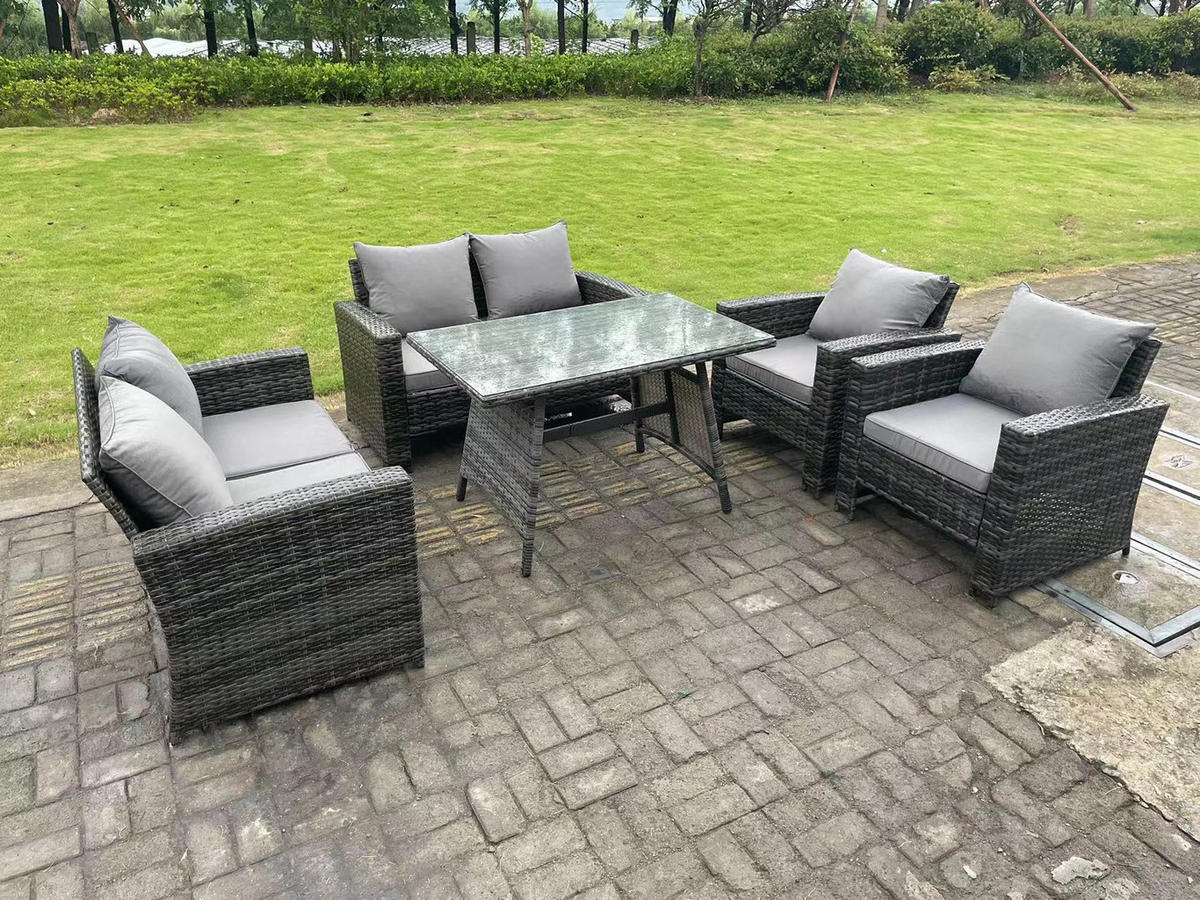 GARTENTISCHGRUPPE Polyrattan 6-Sitzer Grau - Dunkelgrau/Grau, Glas/Kunststoff - Fimous