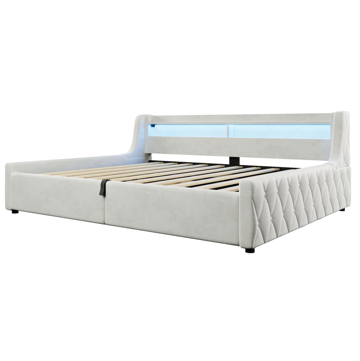 POLSTERBETT 140x200 cm in Offwhite mit LED-Kopfteil und hydraulischem Bettkasten - Creme, Textil (140/200cm) - IVMEU