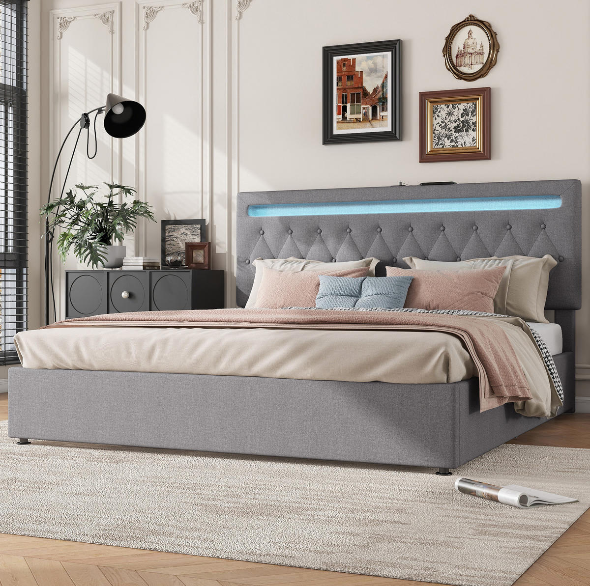 TAPECIRANI krevet 180/200 cm s LED osvjetljenjem, USB i USB-C priključkom te hidrauličnim pretincem, Siva - siva, tekstil (180/200cm) - Redom
