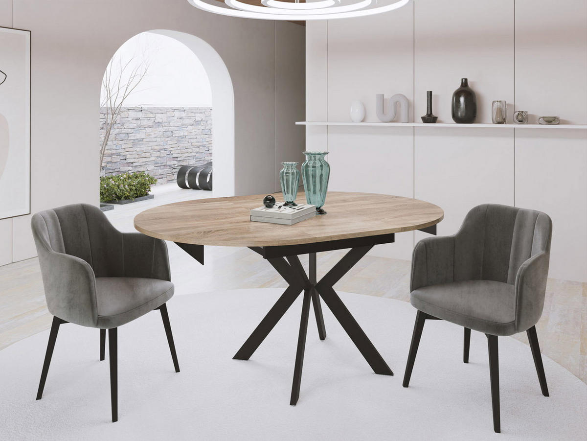 ESSTISCH Lily runder ausziehbarer, Sonoma Eiche 100-140/100/76 cm - Schwarz/Braun, Holzwerkstoff/Metall (100/140/76cm) - WFL GROUP