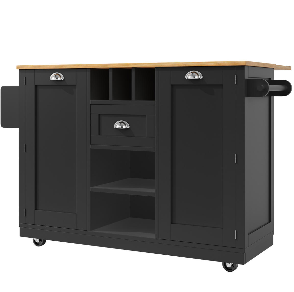 KÜCHENINSEL aus MDF 140x40x93,5 cm Schwarz mit klappbarer Platte, Weinregal, Handtuchhalter und Rollen - Schwarz, Holzwerkstoff (140/93.5/40cm) - Modfu