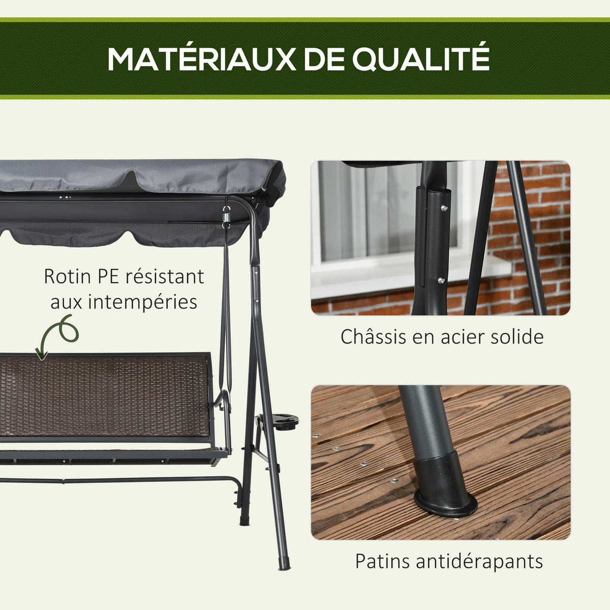 HOLLYWOODSCHAUKEL Grau 3-Sitzer 204/112/150 cm - Braun, Metall (204/150/112cm) - PANGIVO