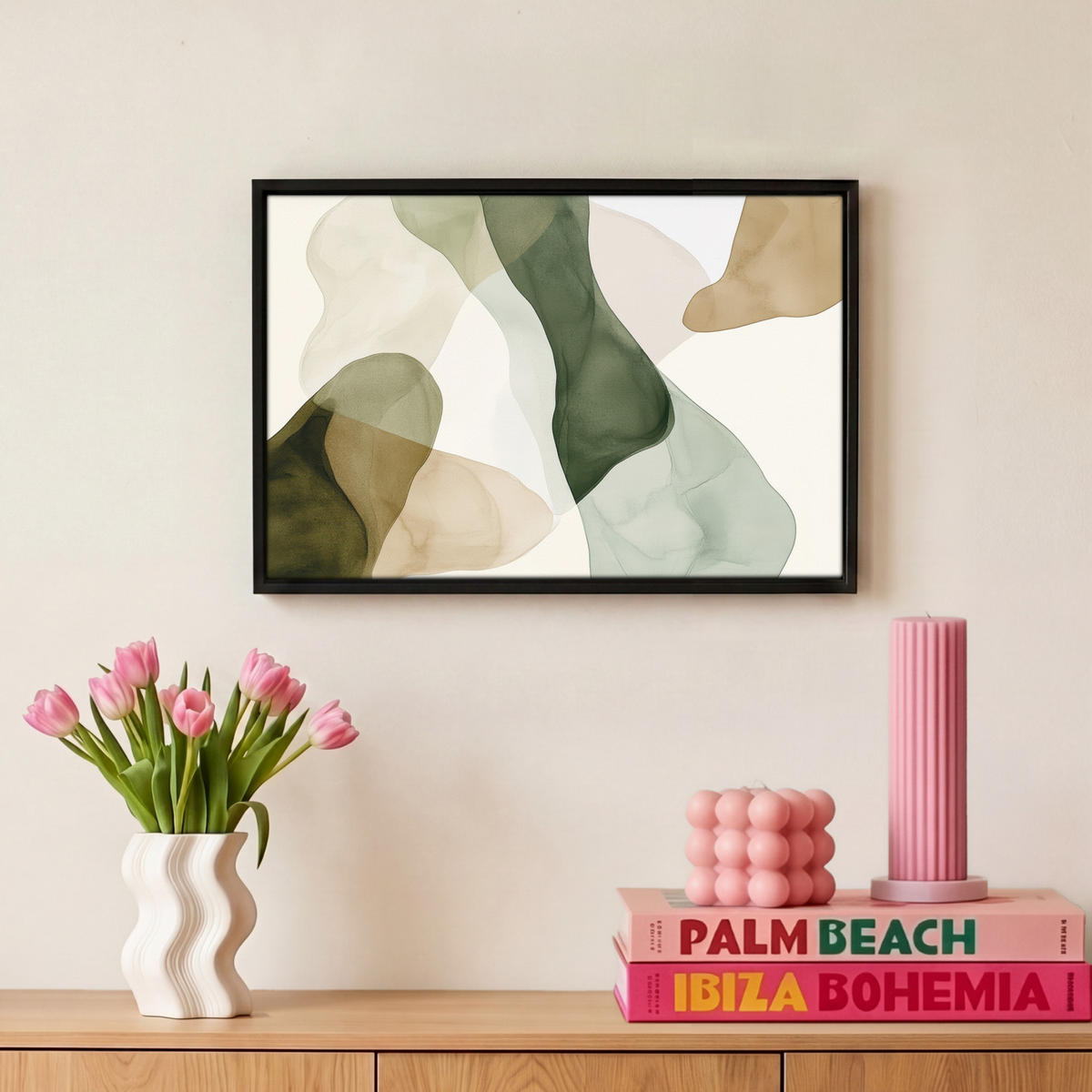 LEINWAND Bilder mit Rahmen - Japandi - Abstrakt - Grün - 30x20 - Salbeigrün, Textil (30/20cm) - MuchoWow