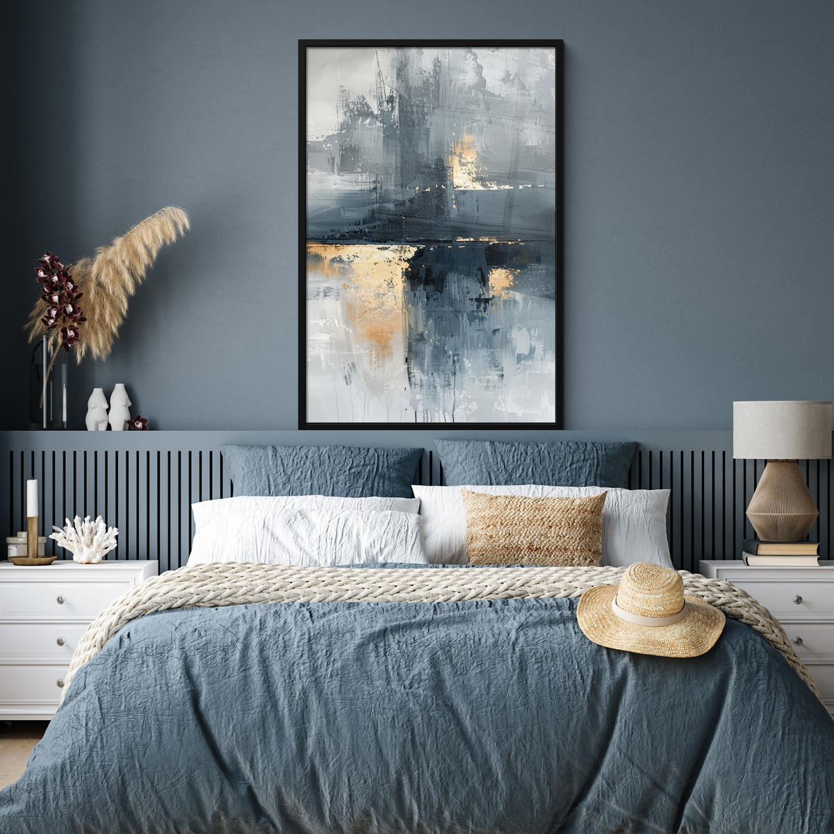 GERAHMTES BILD Kunst - Grau - Gold - Abstrakt 80x120 cm - Dunkelgrau, Papier (80/120cm) - MuchoWow