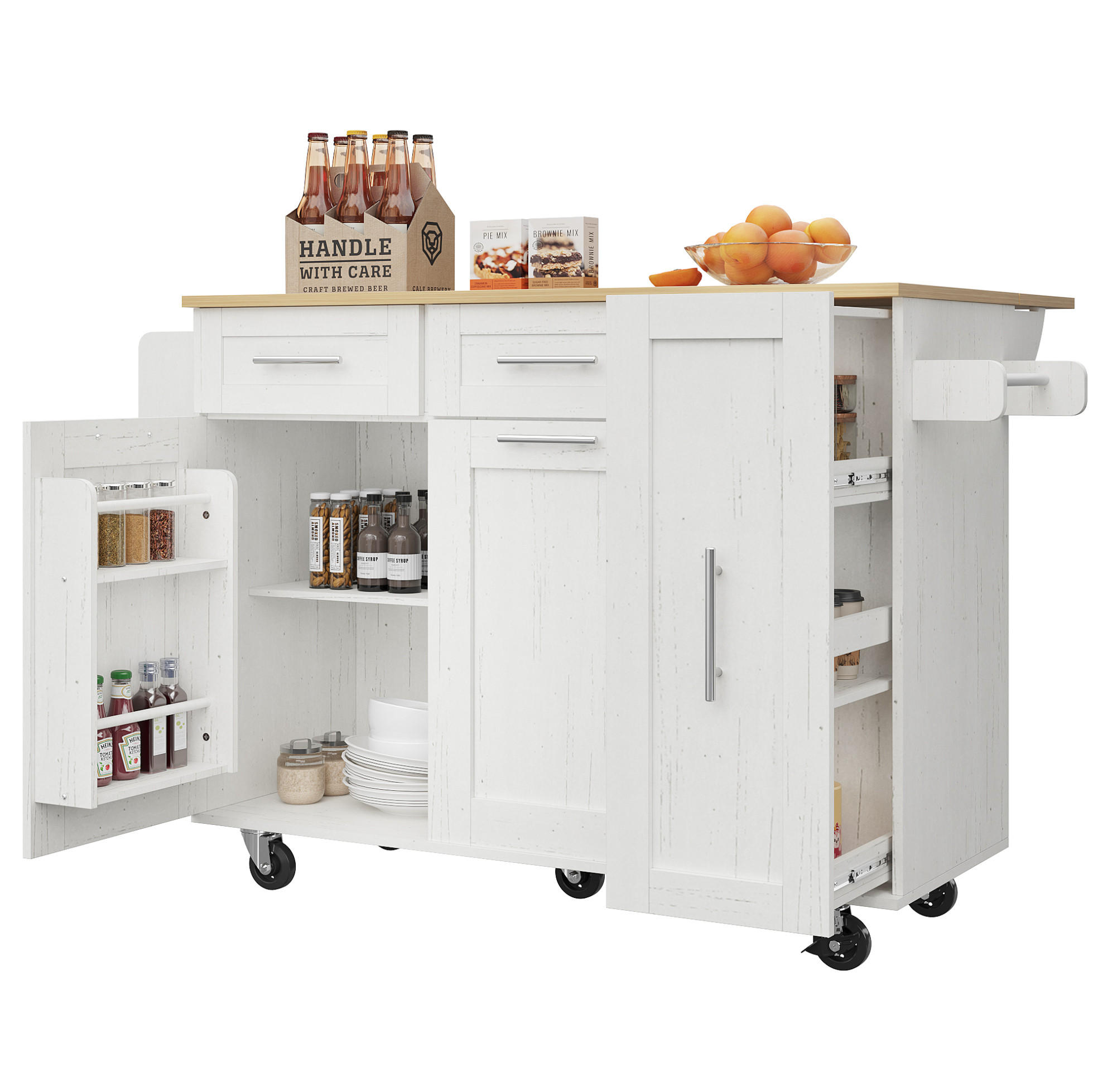 KÜCHENINSEL MDF mit klappbarer Tischplatte & Rollen, 110/46/90,5 cm, Weiß - Weiß, Holzwerkstoff (110/90.5/46cm) - Redom