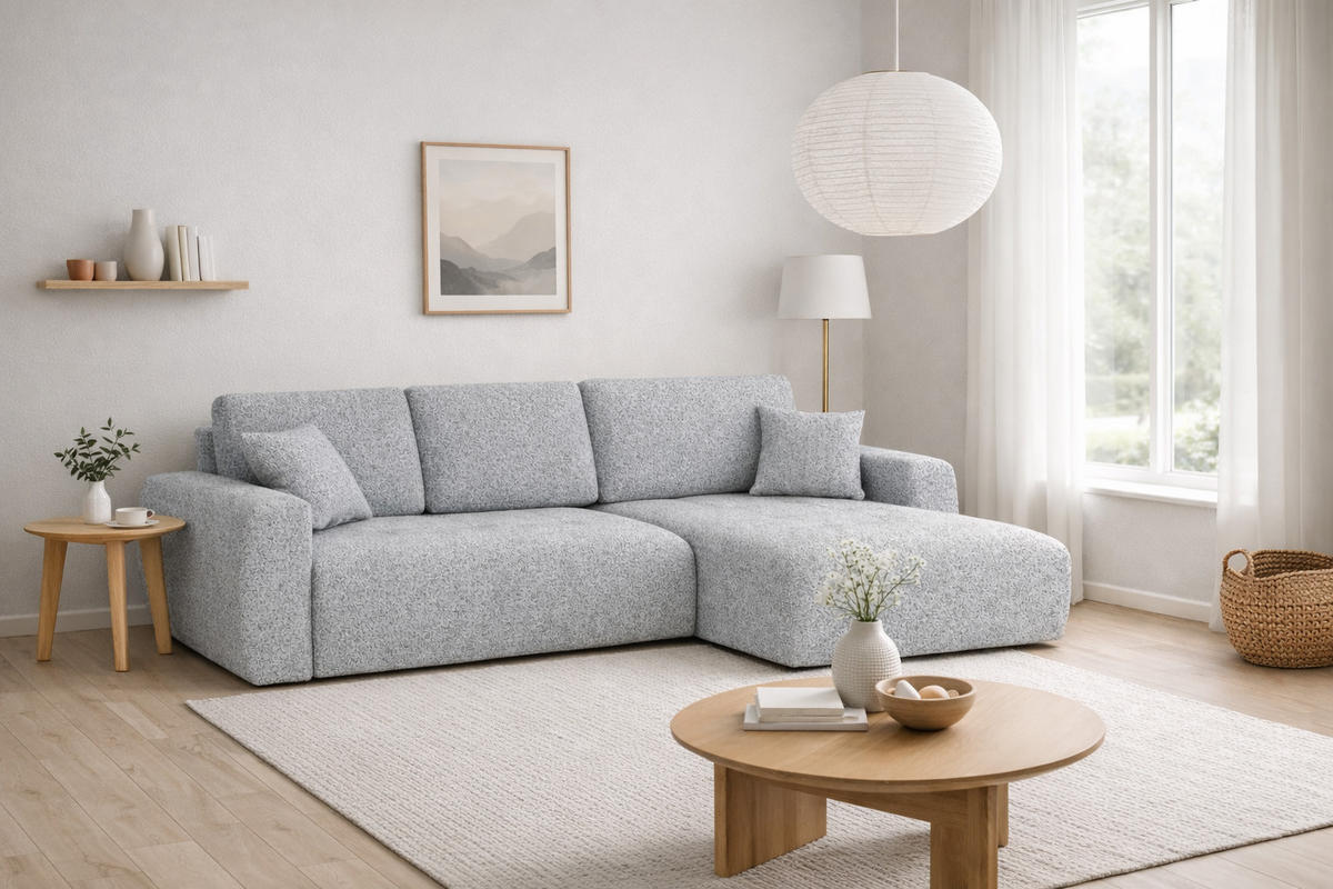 ECKSOFA Mit Schlaffunktion Und Bettkasten L-Form Ivo XL, Chenille-Stoff Artico, Cement, Rechts - Hellgrau, Holz (280/142cm) - Kaiser Möbel