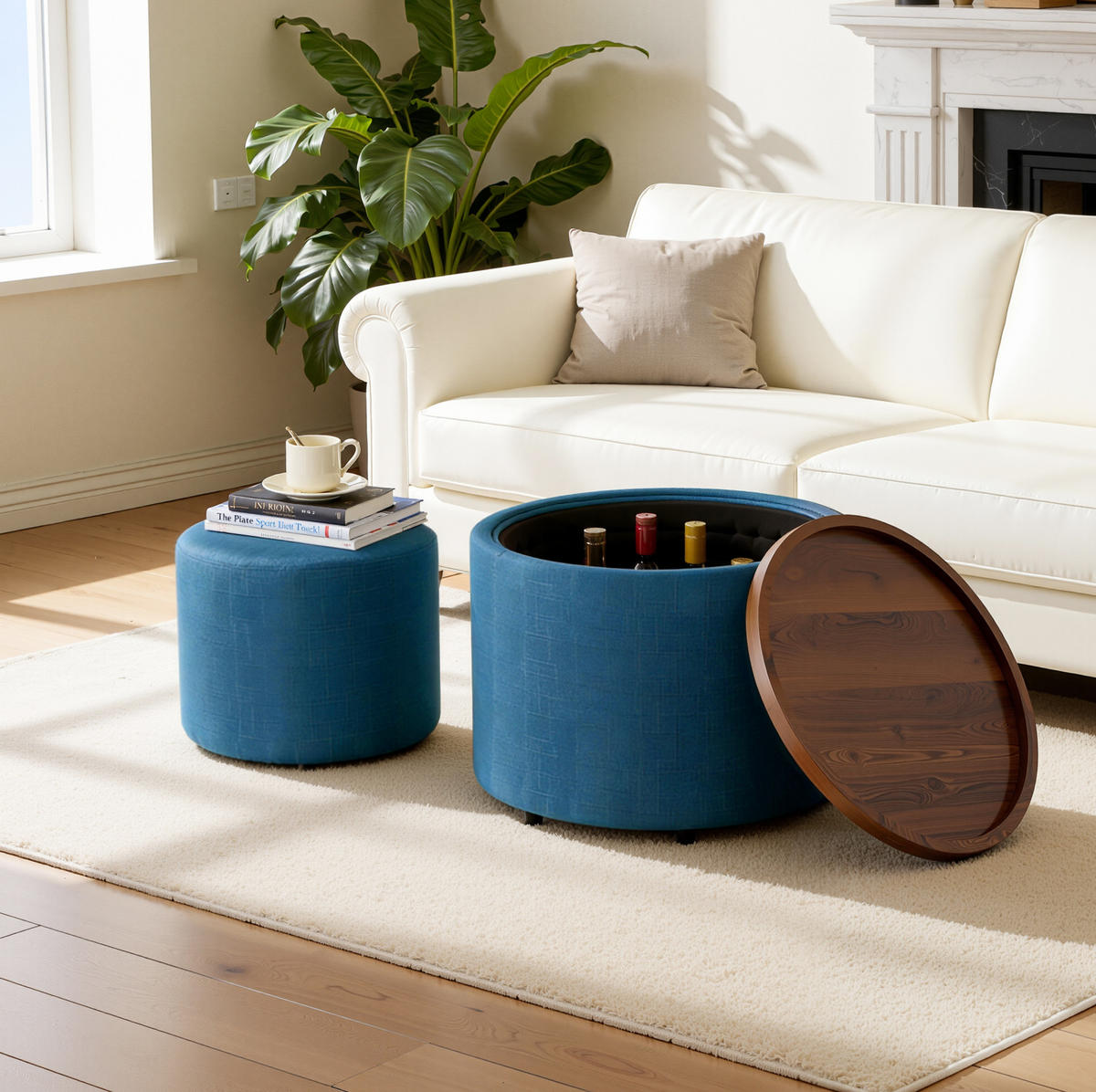 HOCKER-SET 58 cm in Blau mit Stauraum und Holzablage - Blau, Textil (58/58/38cm) - Flora Grace