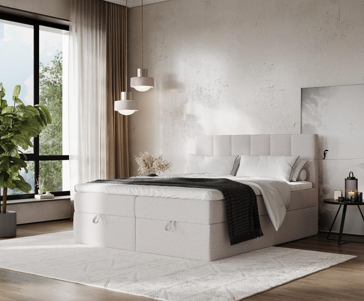 BOXBETT Savio 140/200 cm Beige im Riva Stoff - Beige/Schwarz, Holz/Holzwerkstoff (140/200cm) - AltaBeds