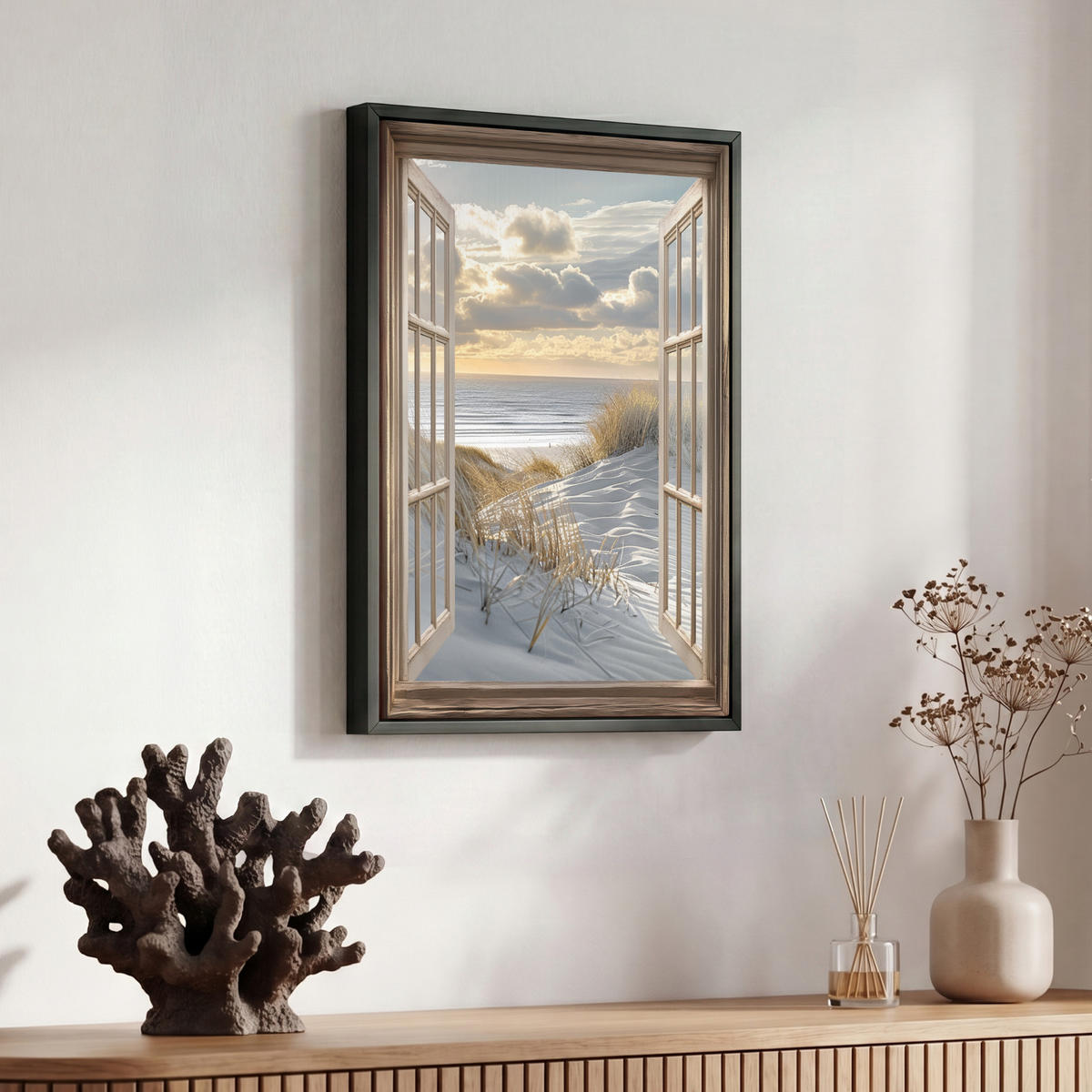 LEINWAND Bilder mit Rahmen - Ausblick - Strand - Dünen - Meer - Natur - 30x40 - Sandfarben, Textil (30/40cm) - MuchoWow
